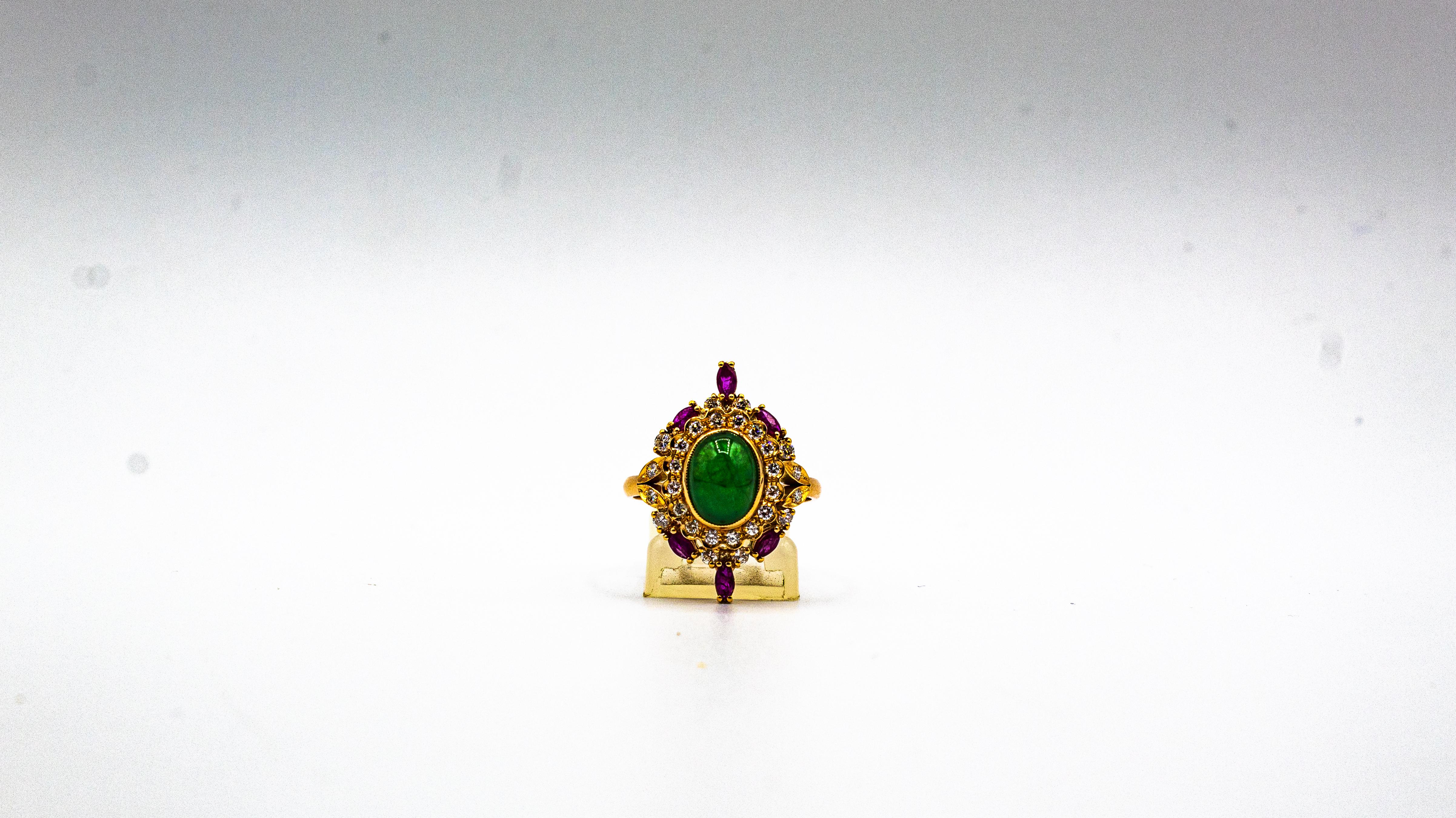 Art Deco Style Handcrafted White Diamond Emerald Ruby Yellow Gold Cocktail Ring For Sale 3