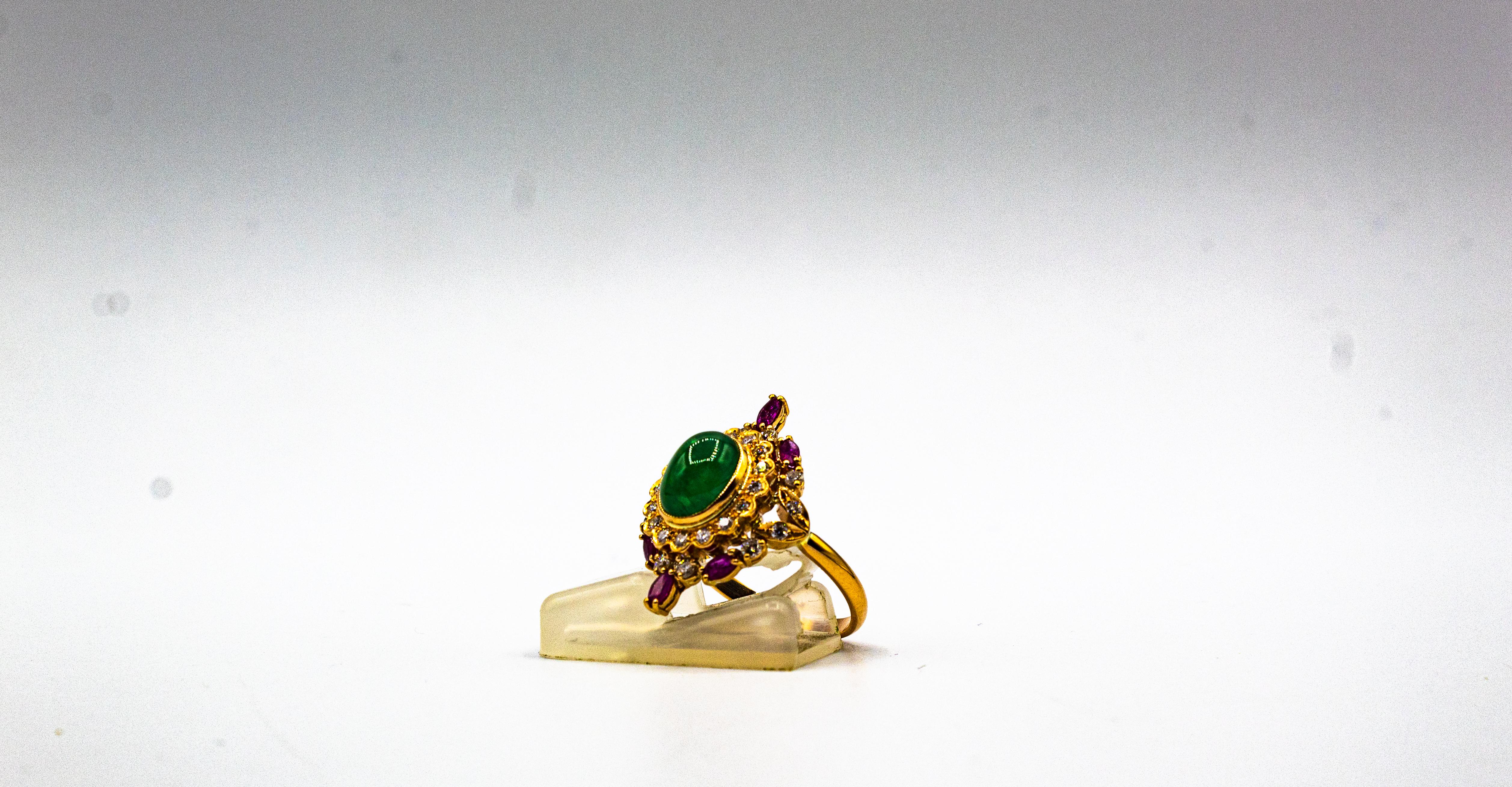 Art Deco Style Handcrafted White Diamond Emerald Ruby Yellow Gold Cocktail Ring For Sale 4