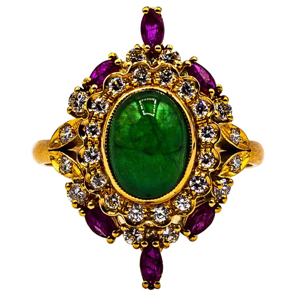 Art Deco Style Handcrafted White Diamond Emerald Ruby Yellow Gold Cocktail Ring