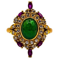 Retro Art Deco Style Handcrafted White Diamond Emerald Ruby Yellow Gold Cocktail Ring