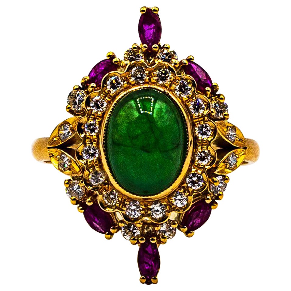 Bague de cocktail en or jaune, diamant blanc, émeraude et rubis, de style art déco, réalisée à la main en vente