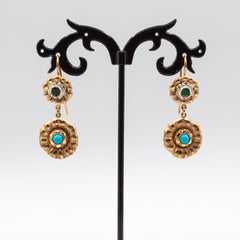 Art Deco Style Handcrafted White Diamond Emerald Turquoise Yellow Gold Earrings