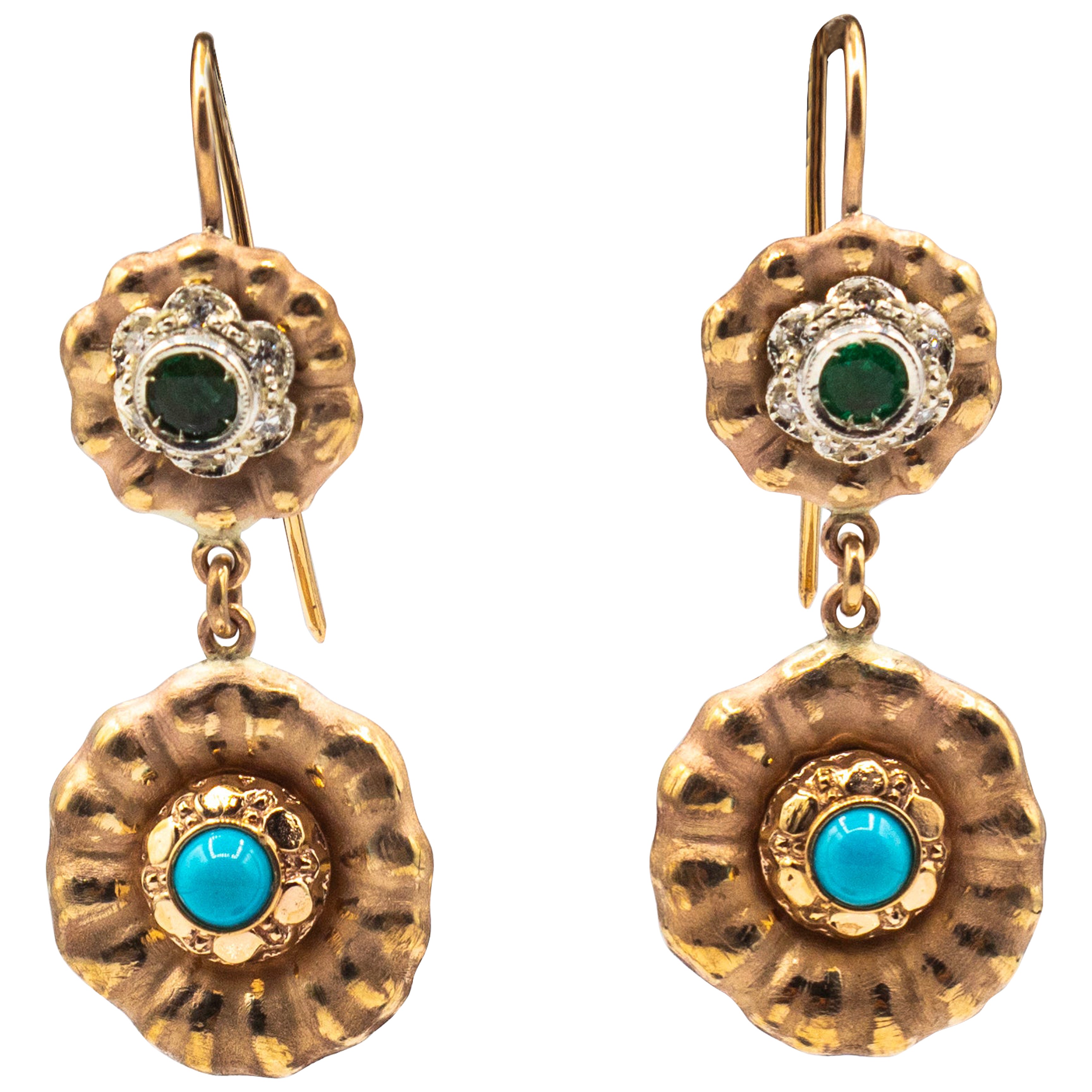 Art Deco Style Handcrafted White Diamond Emerald Turquoise Yellow Gold Earrings