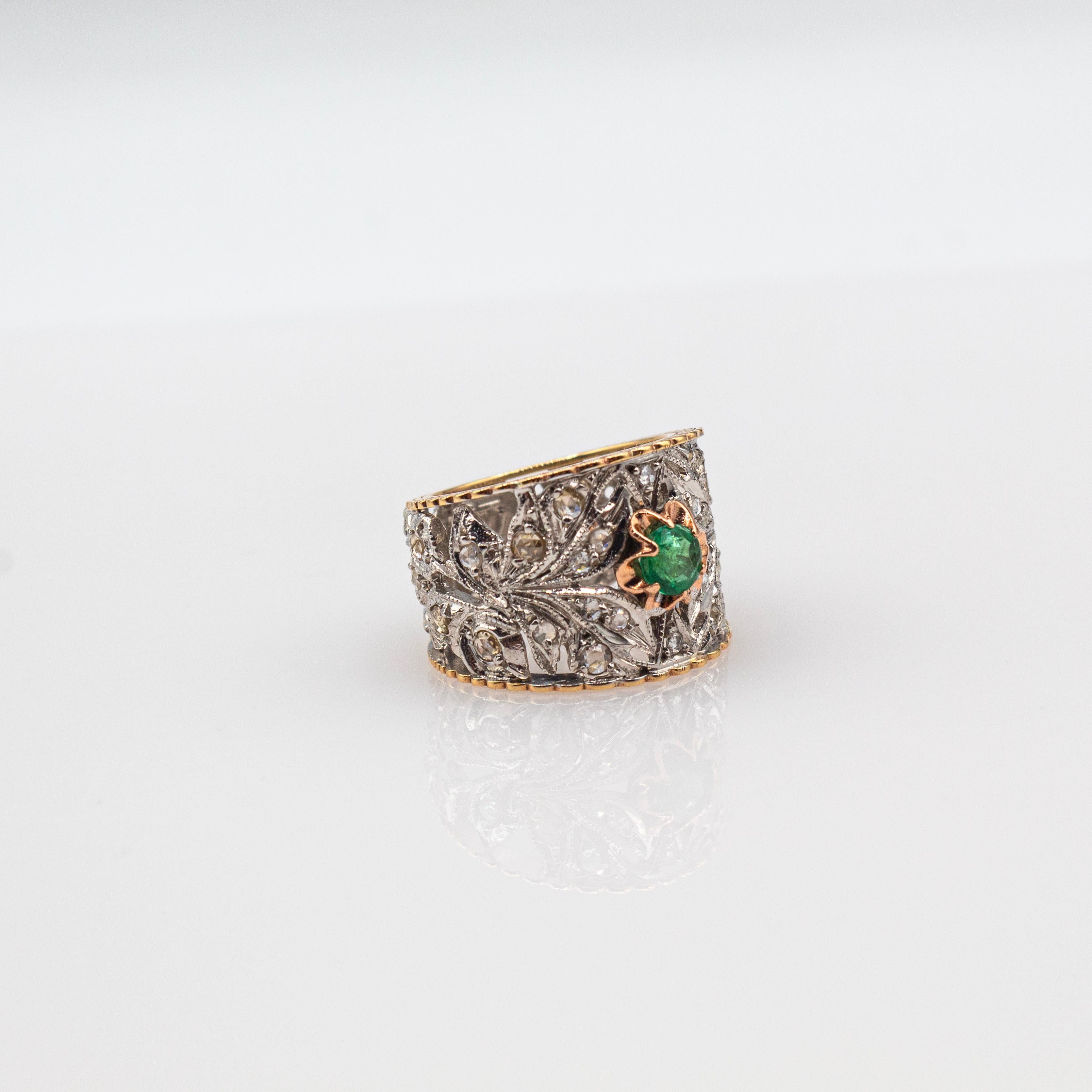 Art Deco Style Handcrafted White Diamond Emerald Yellow Gold Band Ring For Sale 6