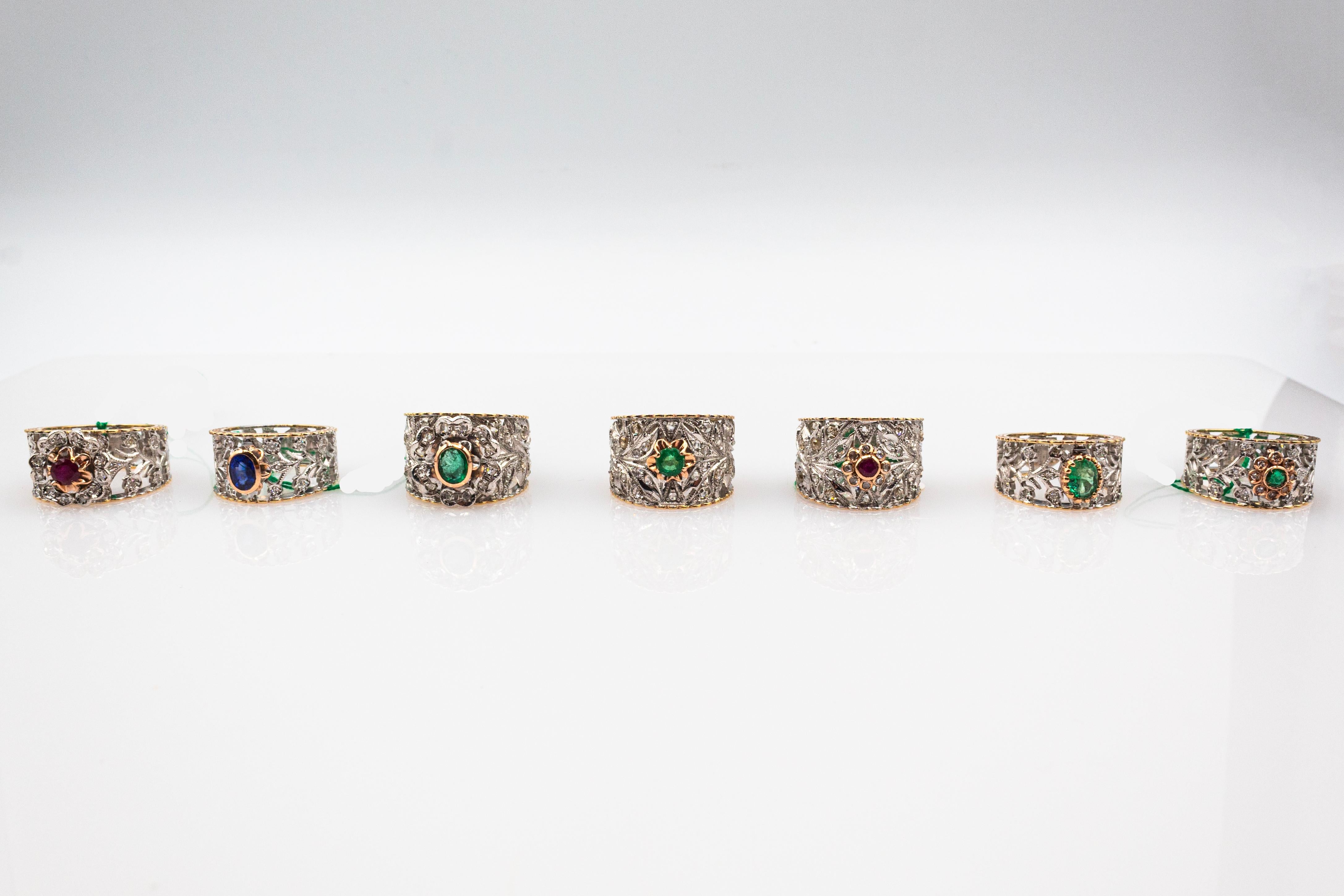 Anneau artisanal de style Art déco en or jaune avec diamants blancs et émeraudes en vente 7