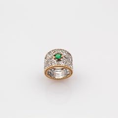 Art Deco Style Handcrafted White Diamond Emerald Yellow Gold Band Ring