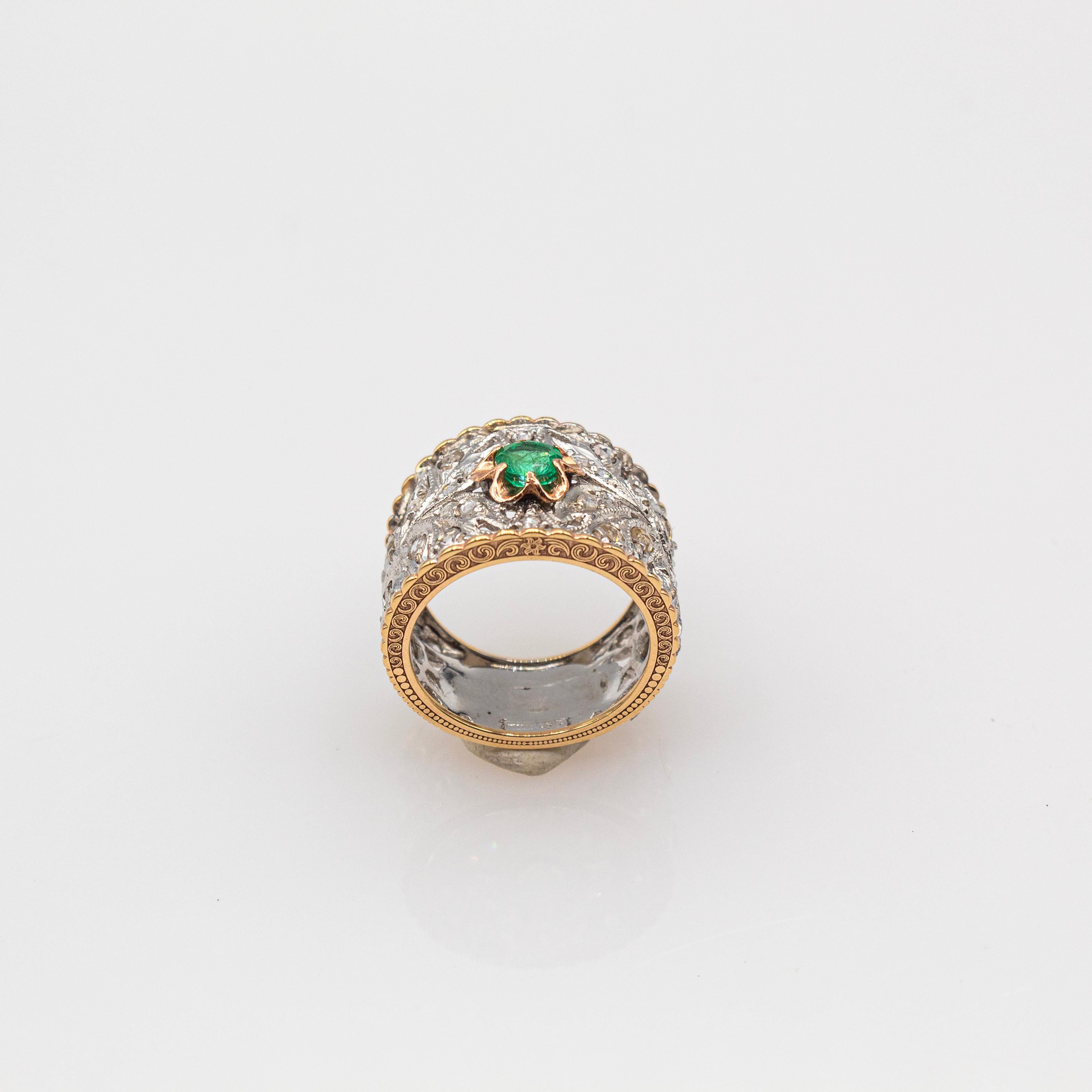 Women's or Men's Art Deco Style Handcrafted White Diamond Emerald Yellow Gold Band Ring For Sale