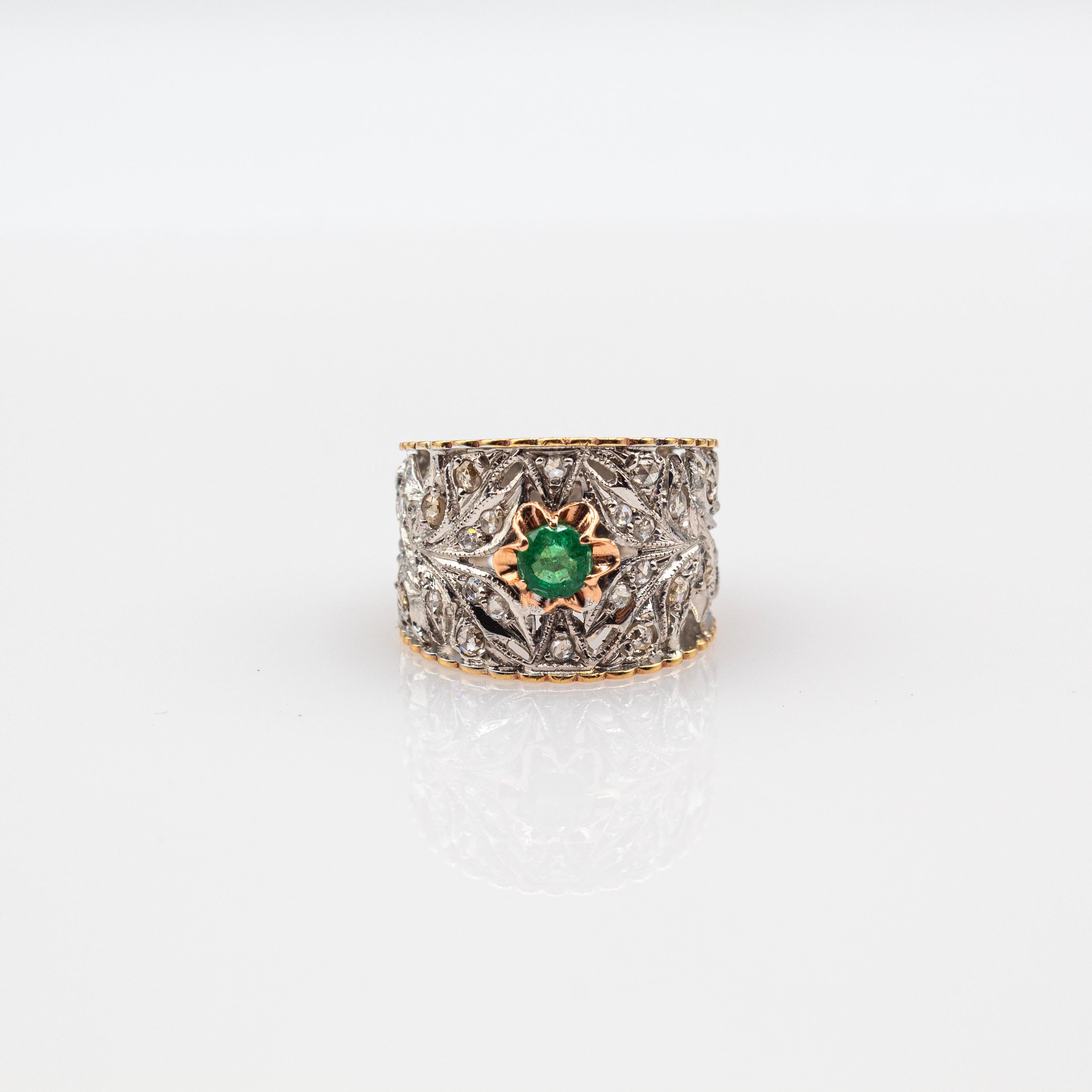 Art Deco Style Handcrafted White Diamond Emerald Yellow Gold Band Ring For Sale 2