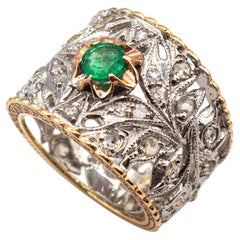 Anneau artisanal de style Art déco en or jaune avec diamants blancs et émeraudes