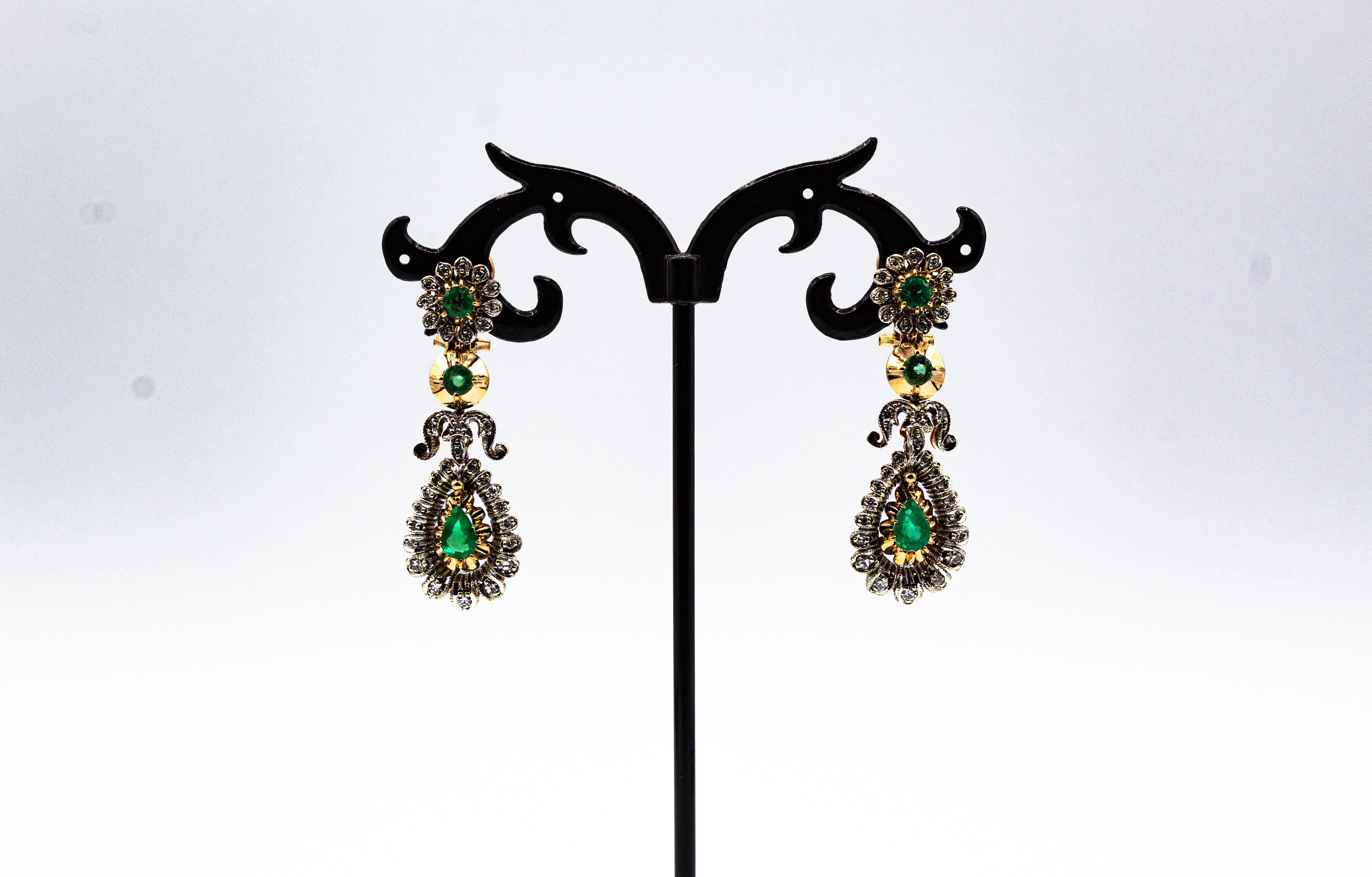 Round Cut Art Deco Style Handcrafted White Diamond Emerald Yellow Gold Clip-on Earrings For Sale