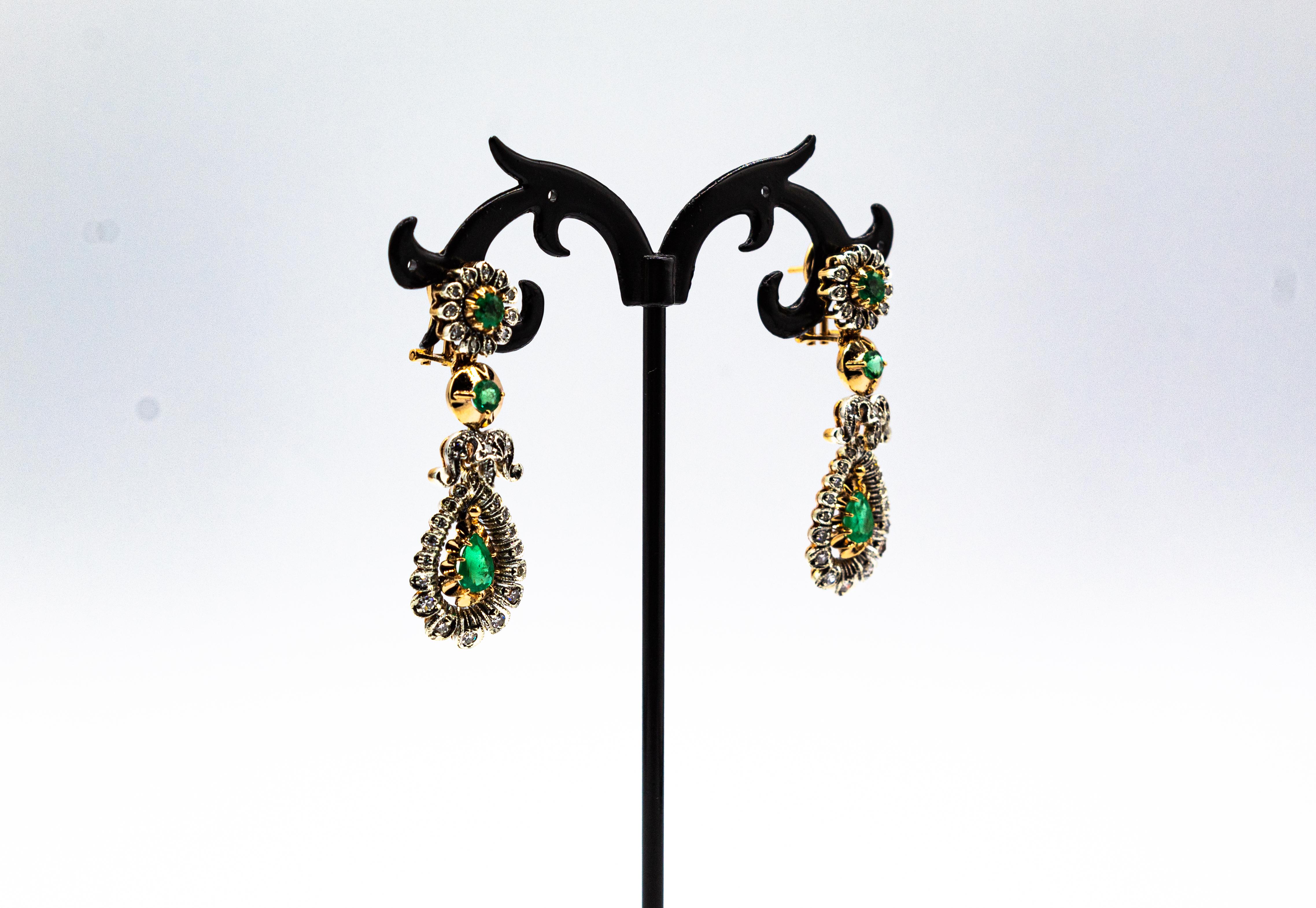 Art Deco Style Handcrafted White Diamond Emerald Yellow Gold Clip-on Earrings In New Condition In Naples, IT