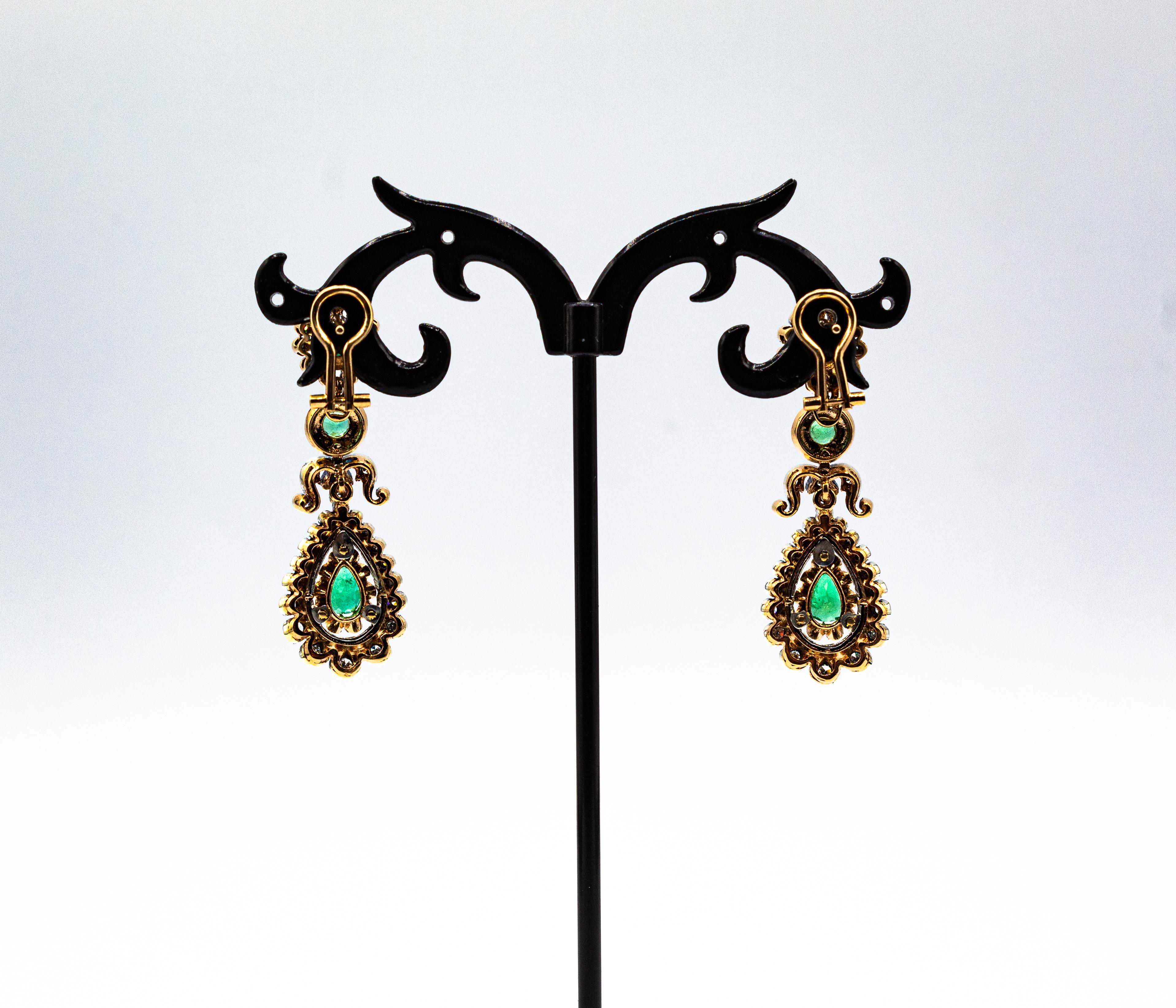 Women's or Men's Art Deco Style Handcrafted White Diamond Emerald Yellow Gold Clip-on Earrings