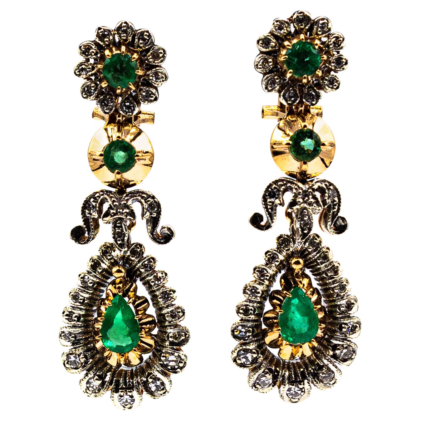 Art Deco Style Handcrafted White Diamond Emerald Yellow Gold Clip-on Earrings For Sale