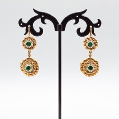 Art Deco Style Handcrafted White Diamond Emerald Yellow Gold Drop Earrings