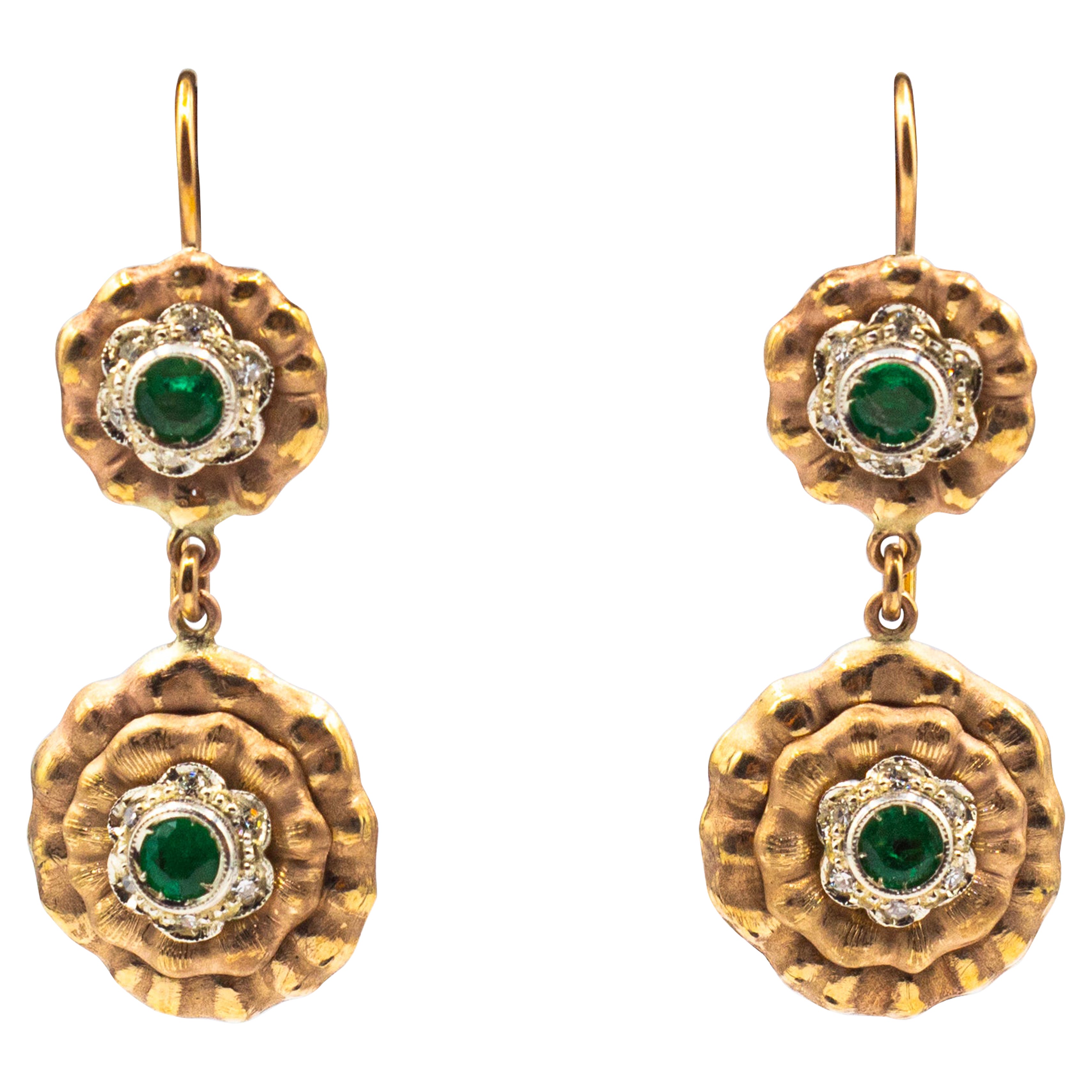 Art Deco Style Handcrafted White Diamond Emerald Yellow Gold Drop Earrings