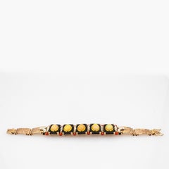 Bracelet de style Art déco, fabriqué à la main, avec diamants blancs, opale, corail, onyx et or jaune