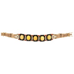 Bracelet de style Art déco, fabriqué à la main, avec diamants blancs, opale, corail, onyx et or jaune