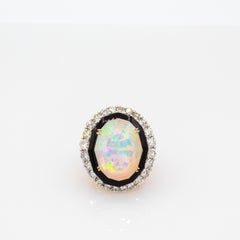 Art Deco Style Handcrafted White Diamond Opal Onyx Rose Gold Cocktail Ring