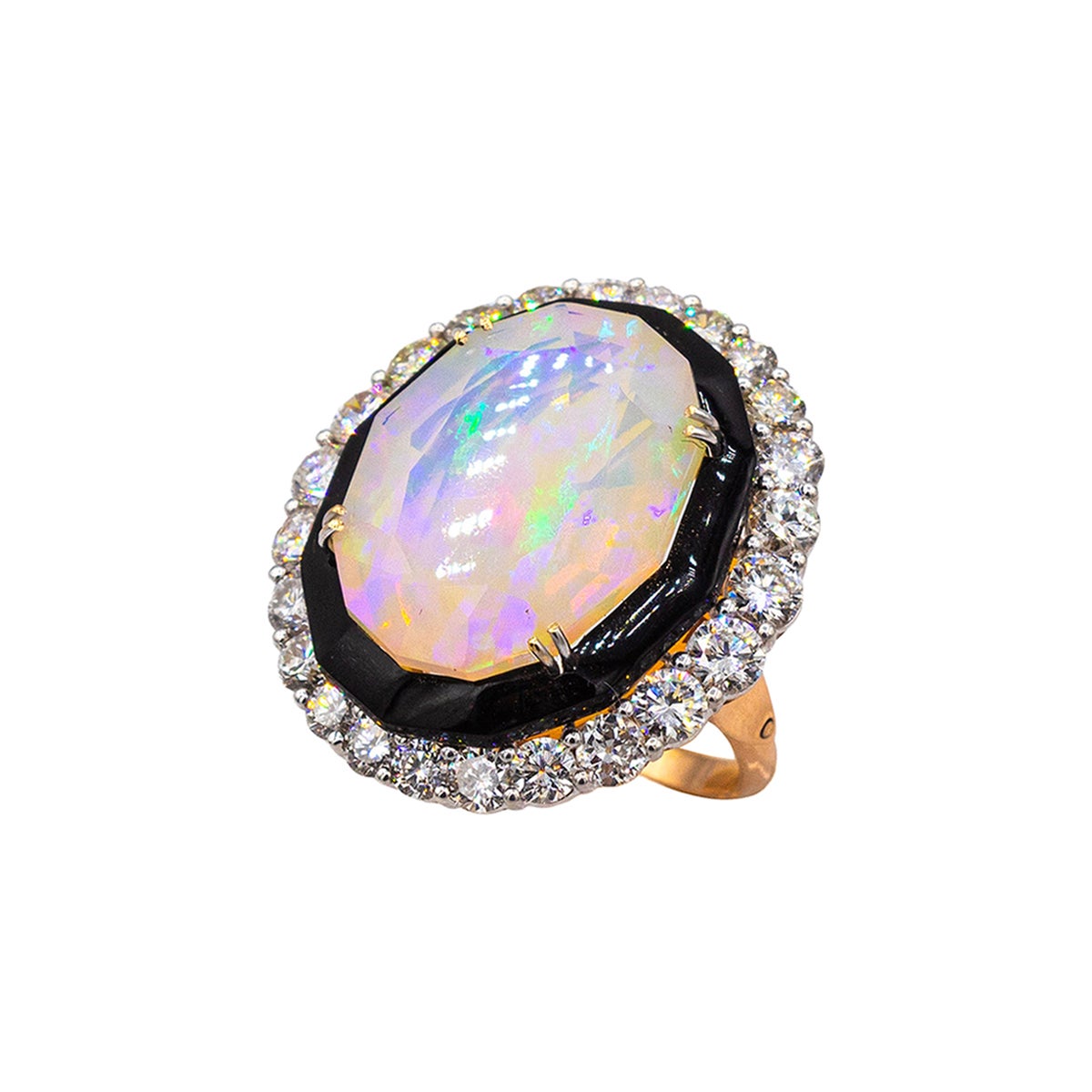 Art Deco Style Handcrafted White Diamond Opal Onyx Rose Gold Cocktail Ring