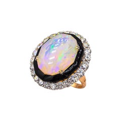 Art Deco Style Handcrafted White Diamond Opal Onyx Rose Gold Cocktail Ring