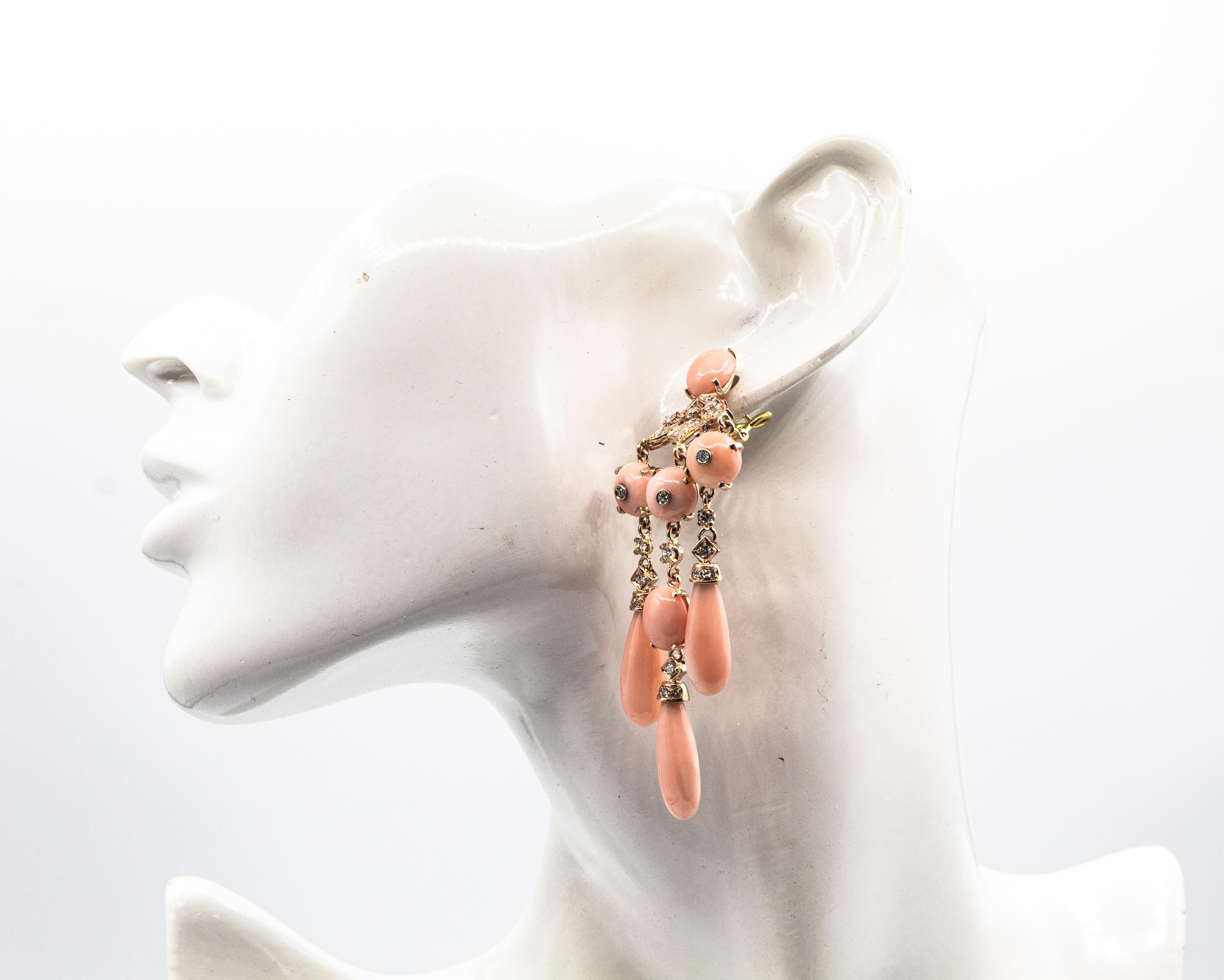 Art Deco Style Handcrafted White Diamond Pink Coral Yellow Gold Clip-On Earrings For Sale 5