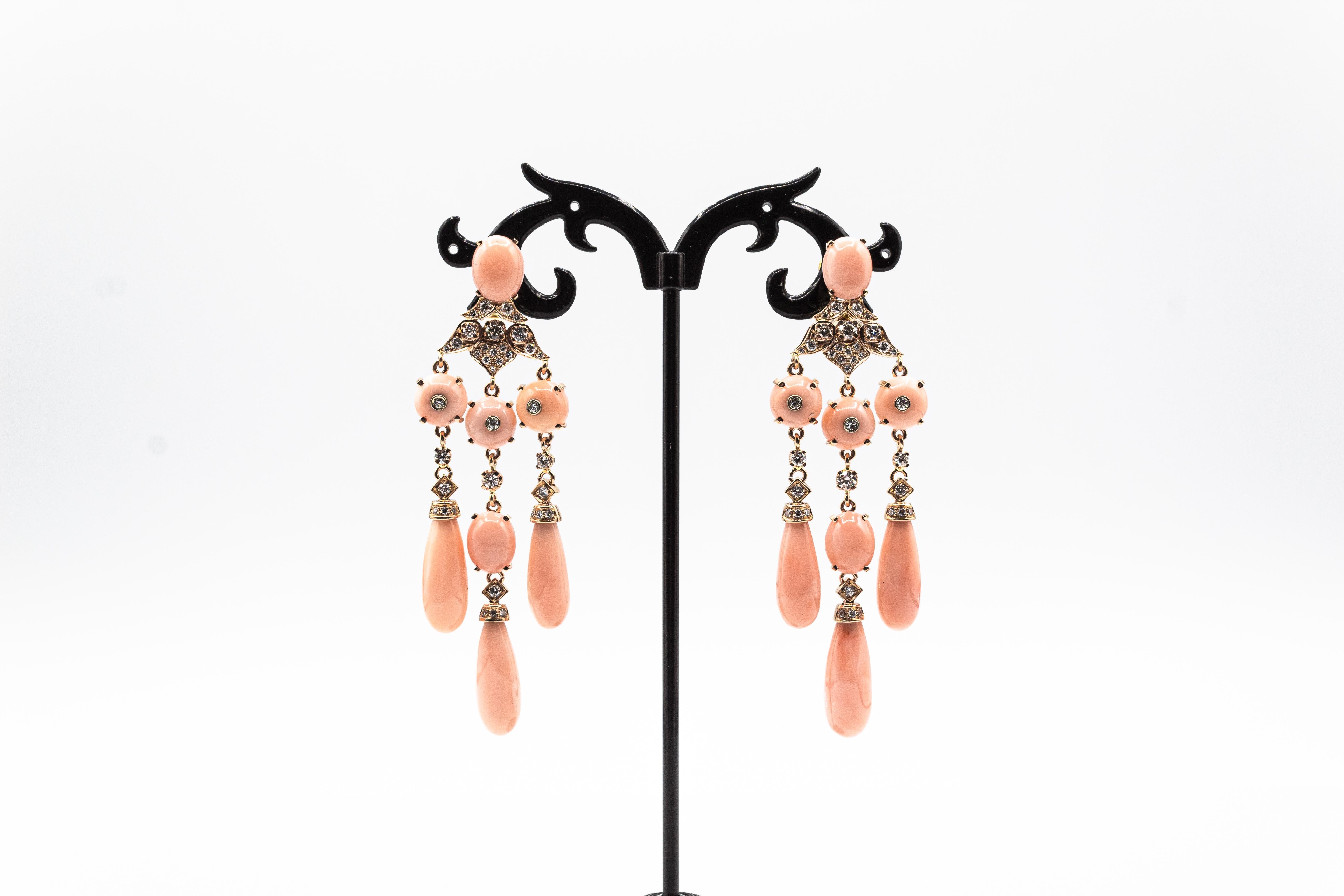 Brilliant Cut Art Deco Style Handcrafted White Diamond Pink Coral Yellow Gold Clip-On Earrings For Sale