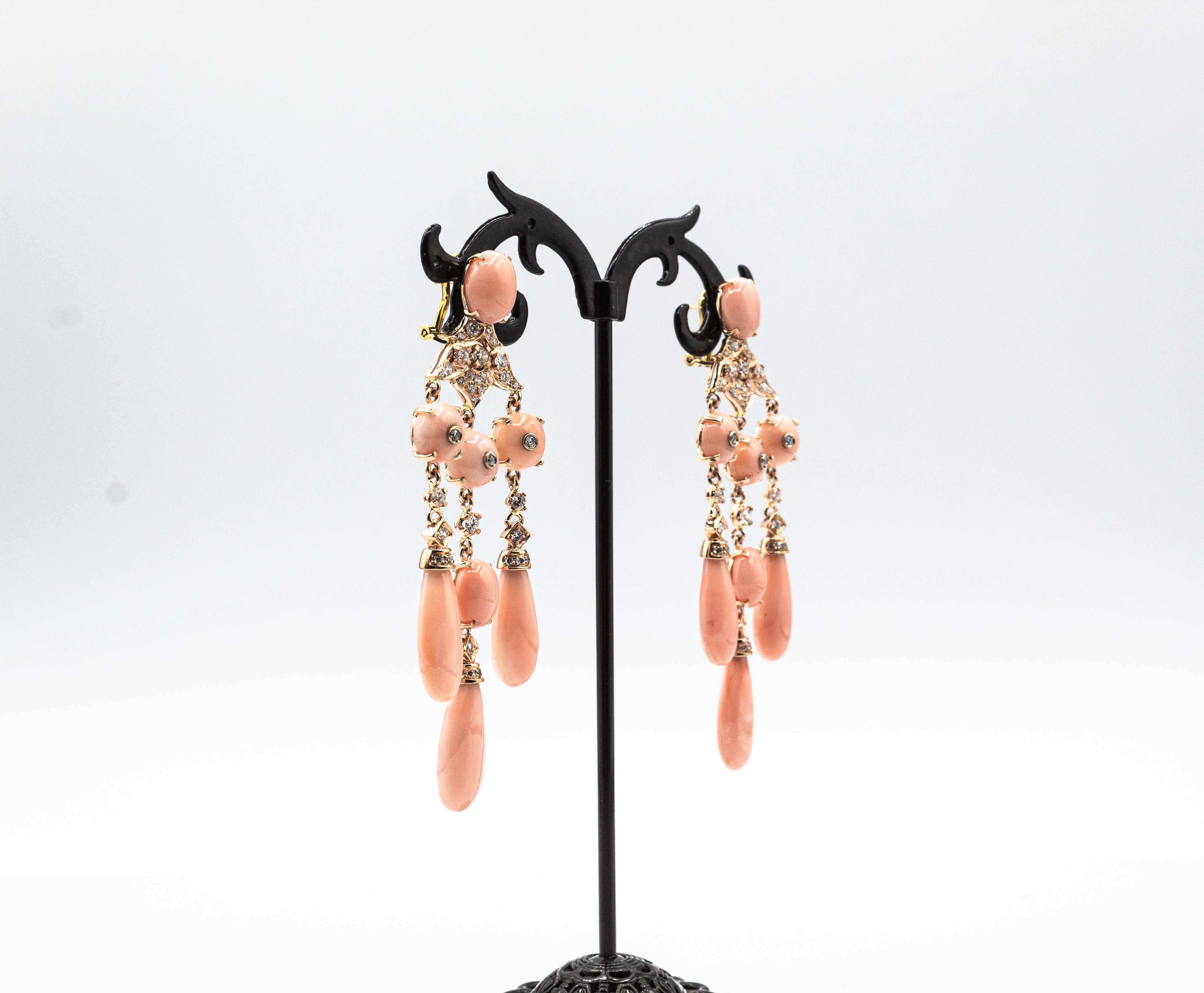 Women's or Men's Art Deco Style Handcrafted White Diamond Pink Coral Yellow Gold Clip-On Earrings For Sale