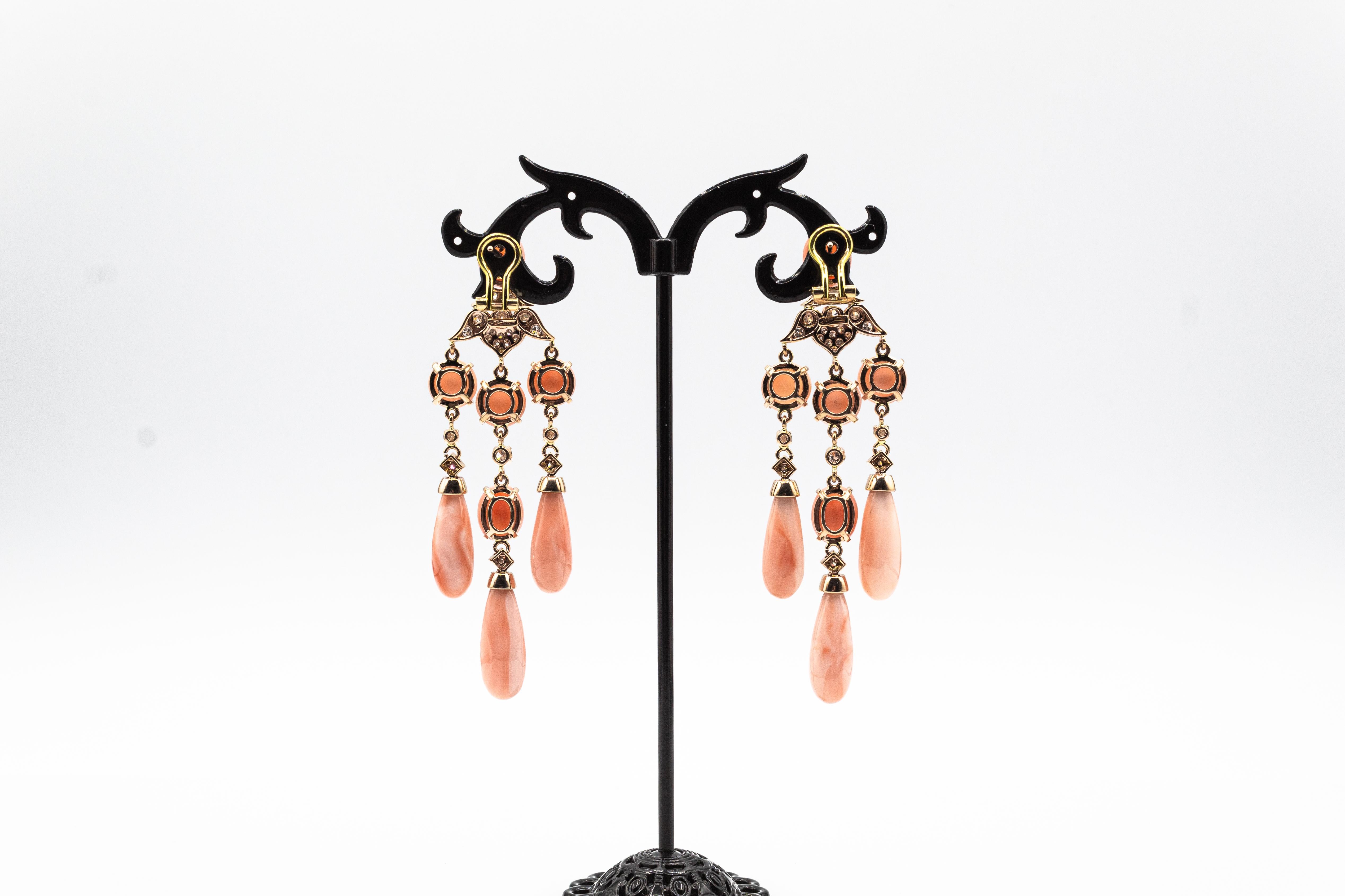 Art Deco Style Handcrafted White Diamond Pink Coral Yellow Gold Clip-On Earrings For Sale 1