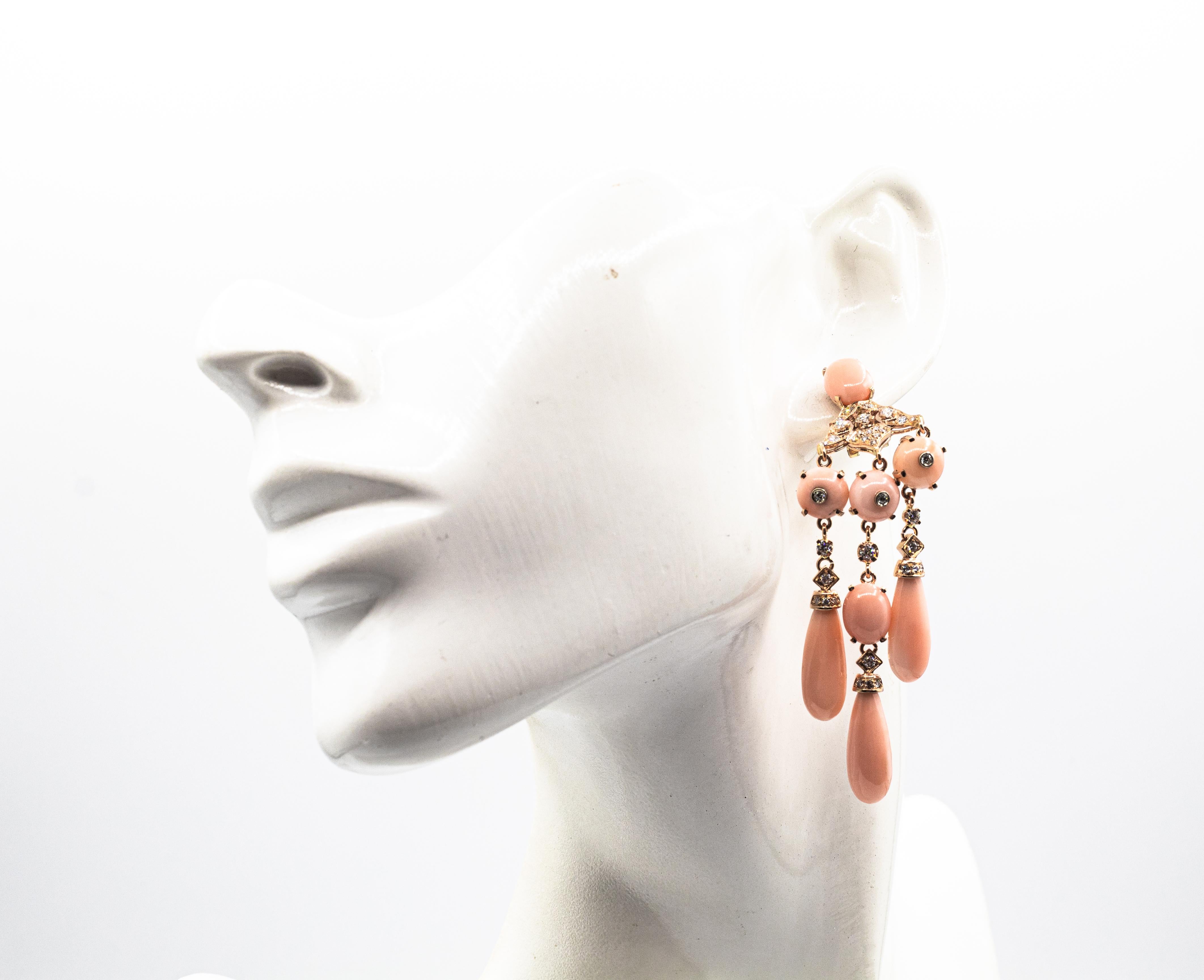 Boucles d'oreilles à clip en or jaune, diamant blanc, corail rose, style art déco, faites à la main en vente 3