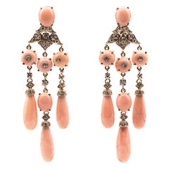 Art Deco Style Handcrafted White Diamond Pink Coral Yellow Gold Clip-On Earrings