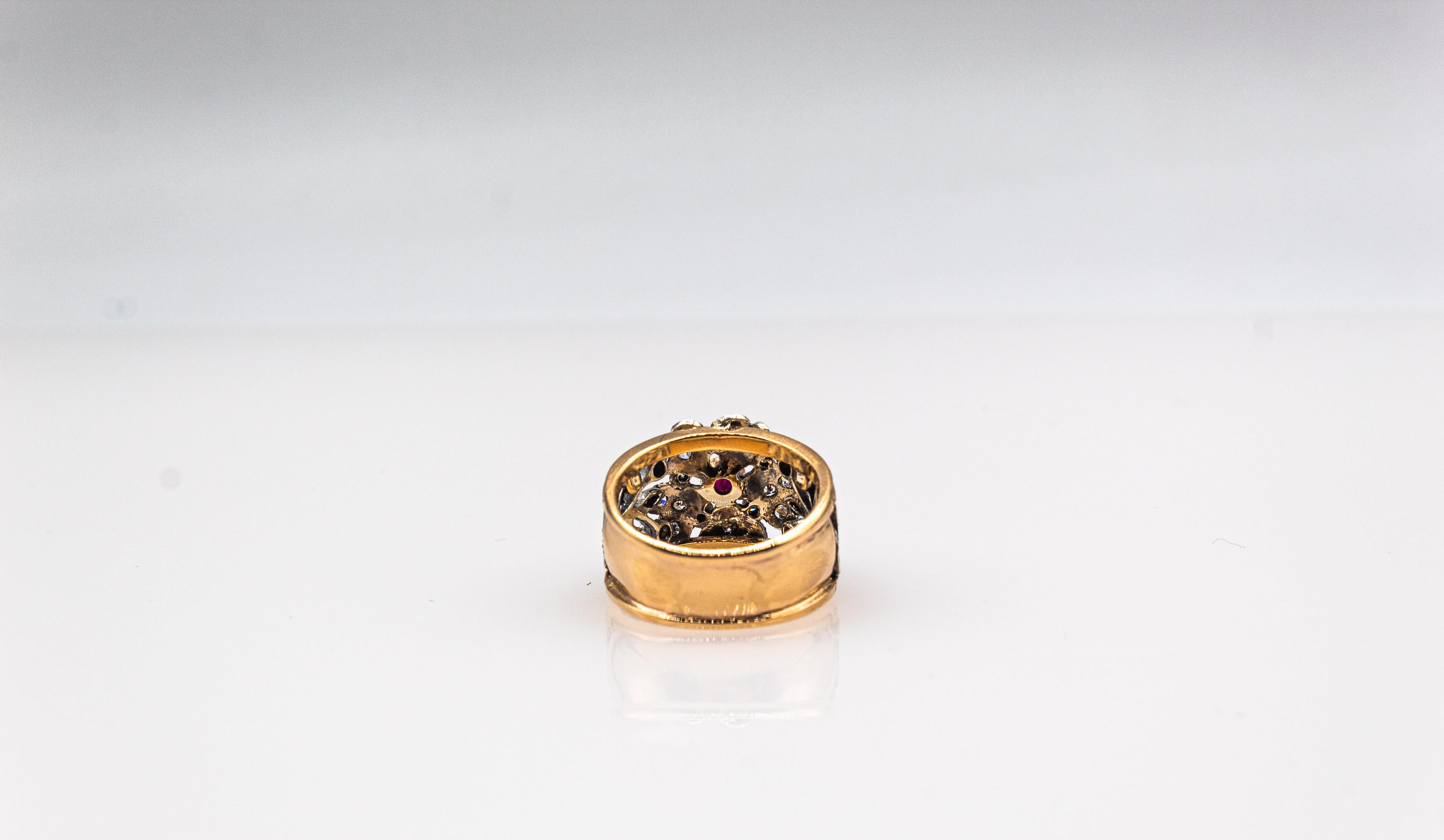Art Deco Style Handcrafted White Diamond Ruby Yellow Gold Band 