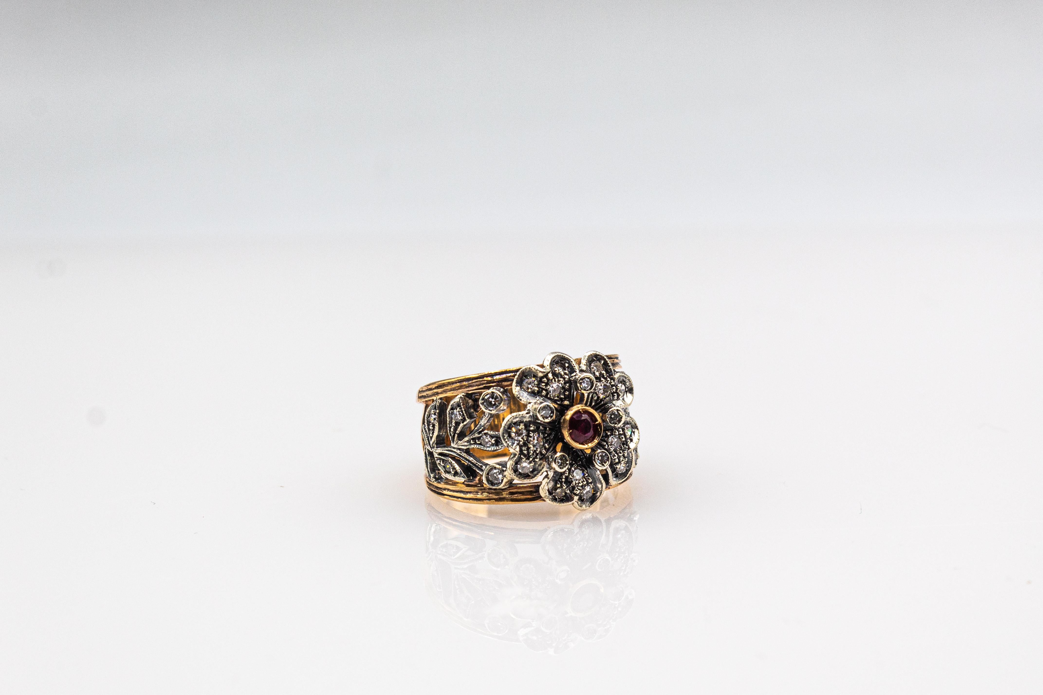 Handgefertigter Ring „Flower“ aus Gelbgold mit weißem Diamanten und Rubin im Art-déco-Stil im Angebot 6