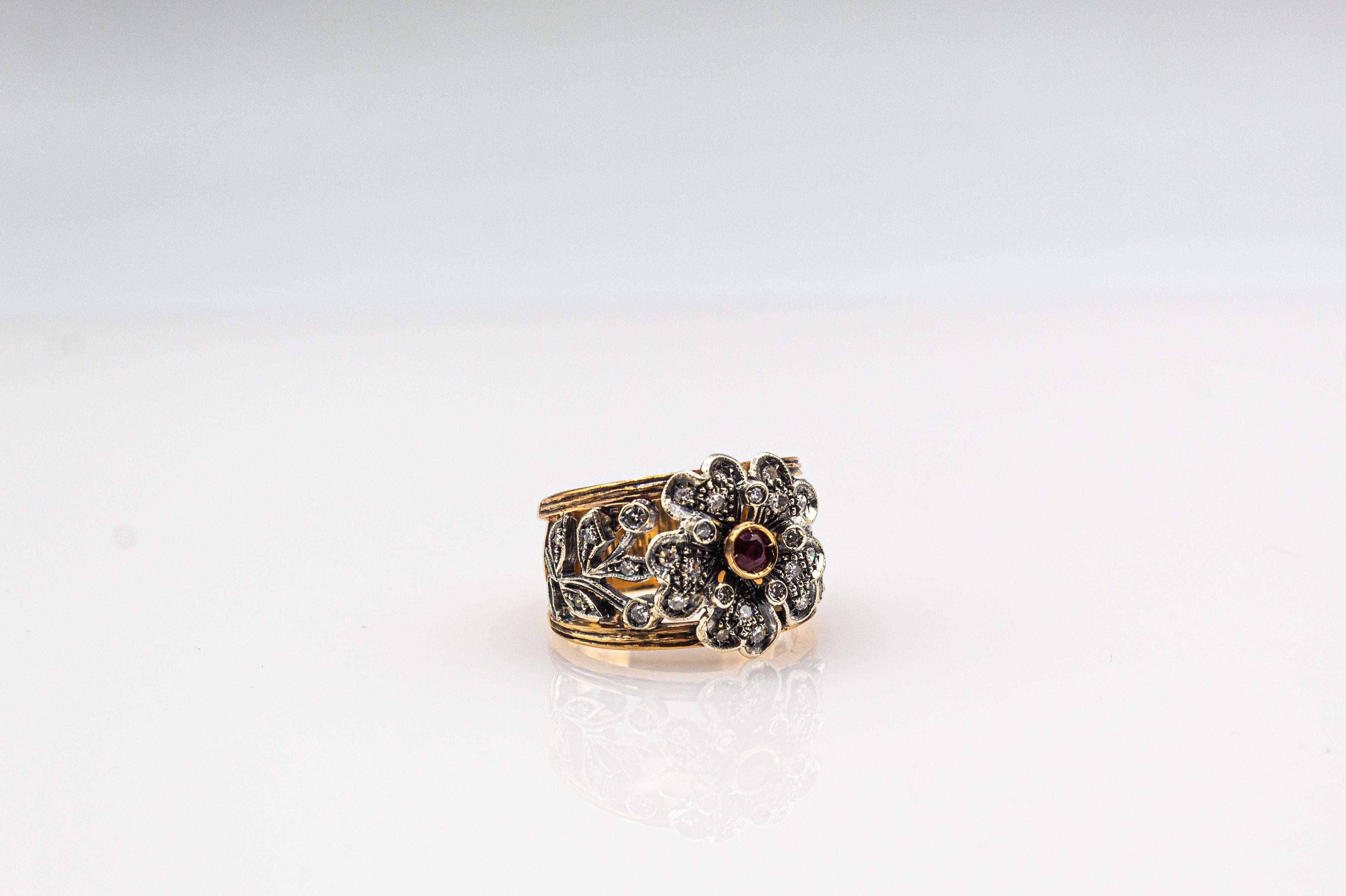 Art Deco Style Handcrafted White Diamond Ruby Yellow Gold Band 