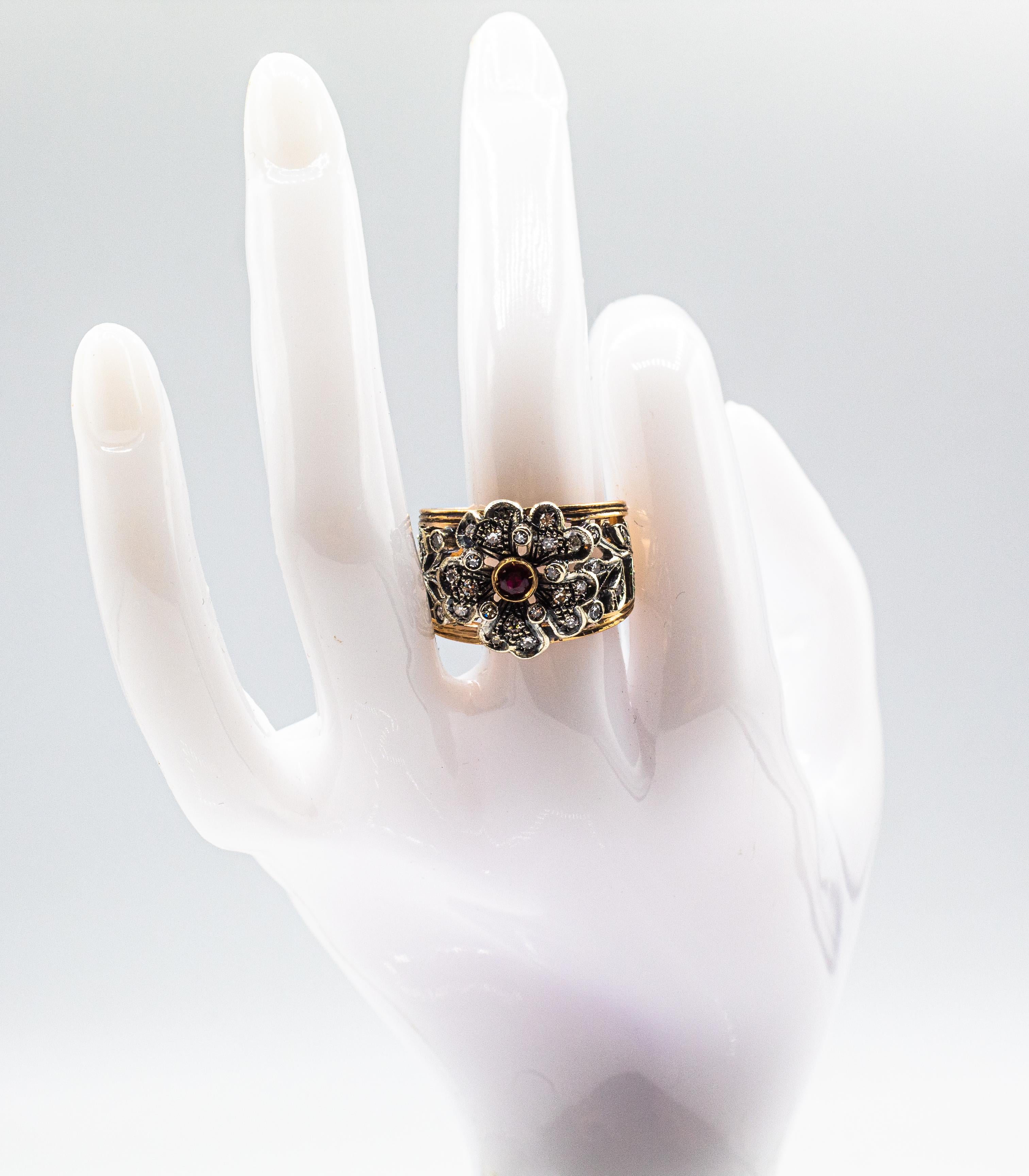 Art Deco Style Handcrafted White Diamond Ruby Yellow Gold Band 