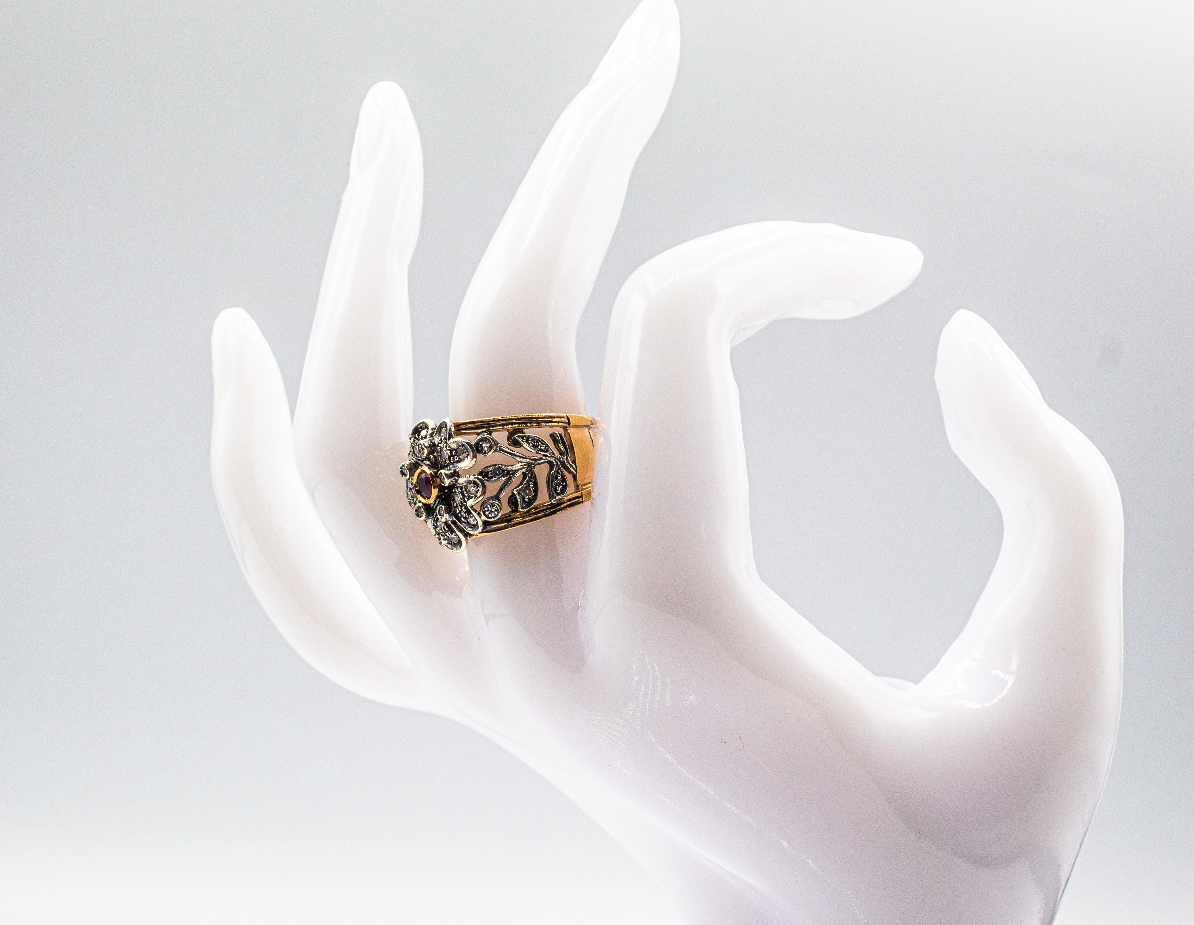 Art Deco Style Handcrafted White Diamond Ruby Yellow Gold Band 