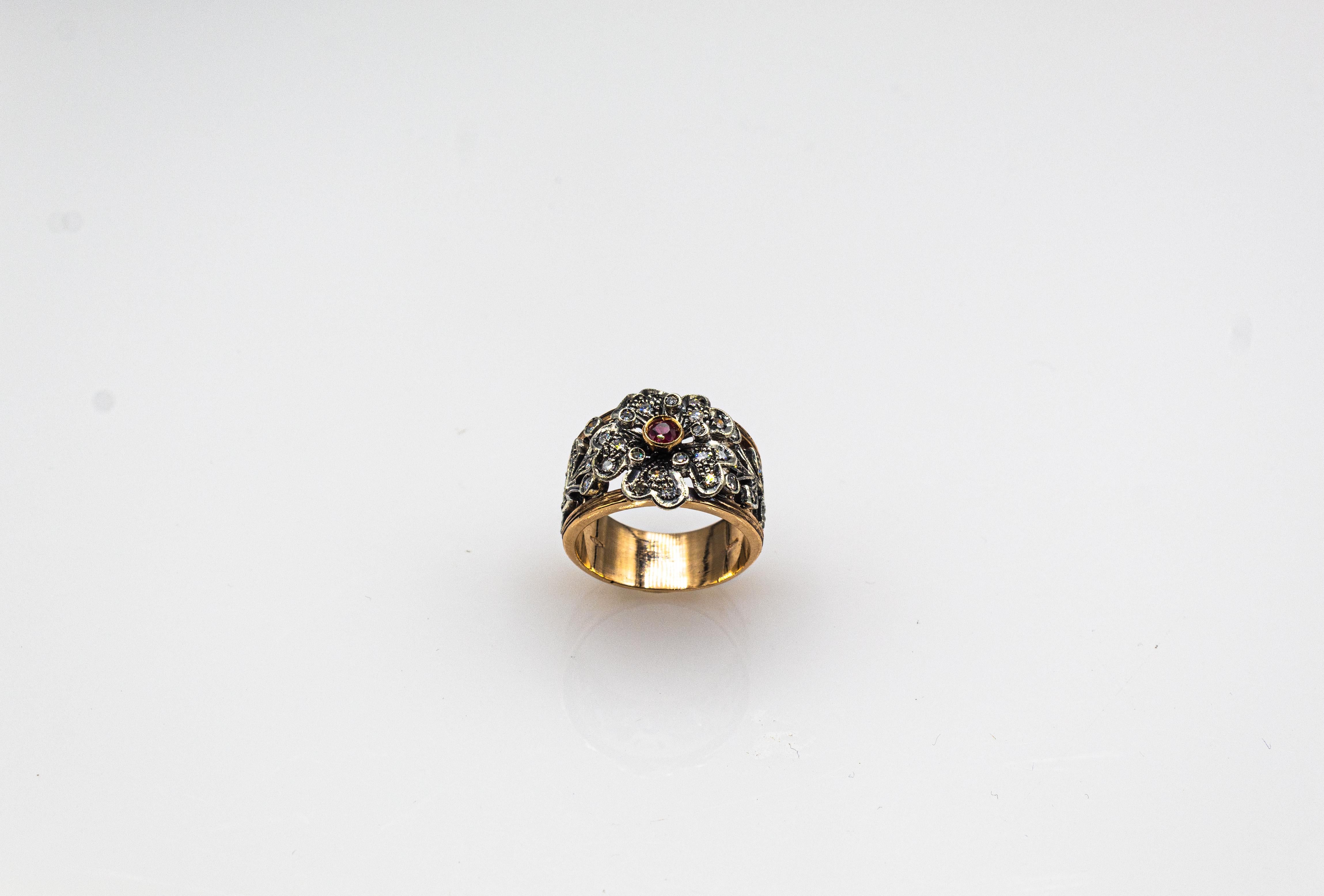 Round Cut Art Deco Style Handcrafted White Diamond Ruby Yellow Gold Band 