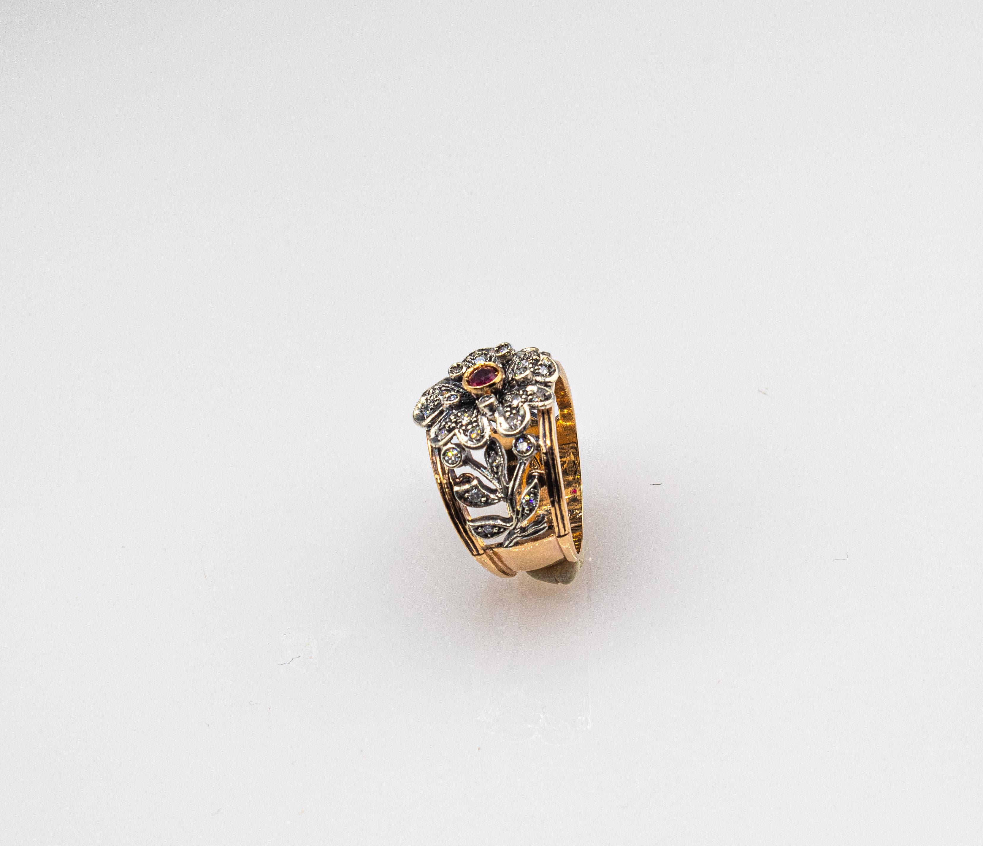 Handgefertigter Ring „Flower“ aus Gelbgold mit weißem Diamanten und Rubin im Art-déco-Stil im Zustand „Neu“ im Angebot in Naples, IT