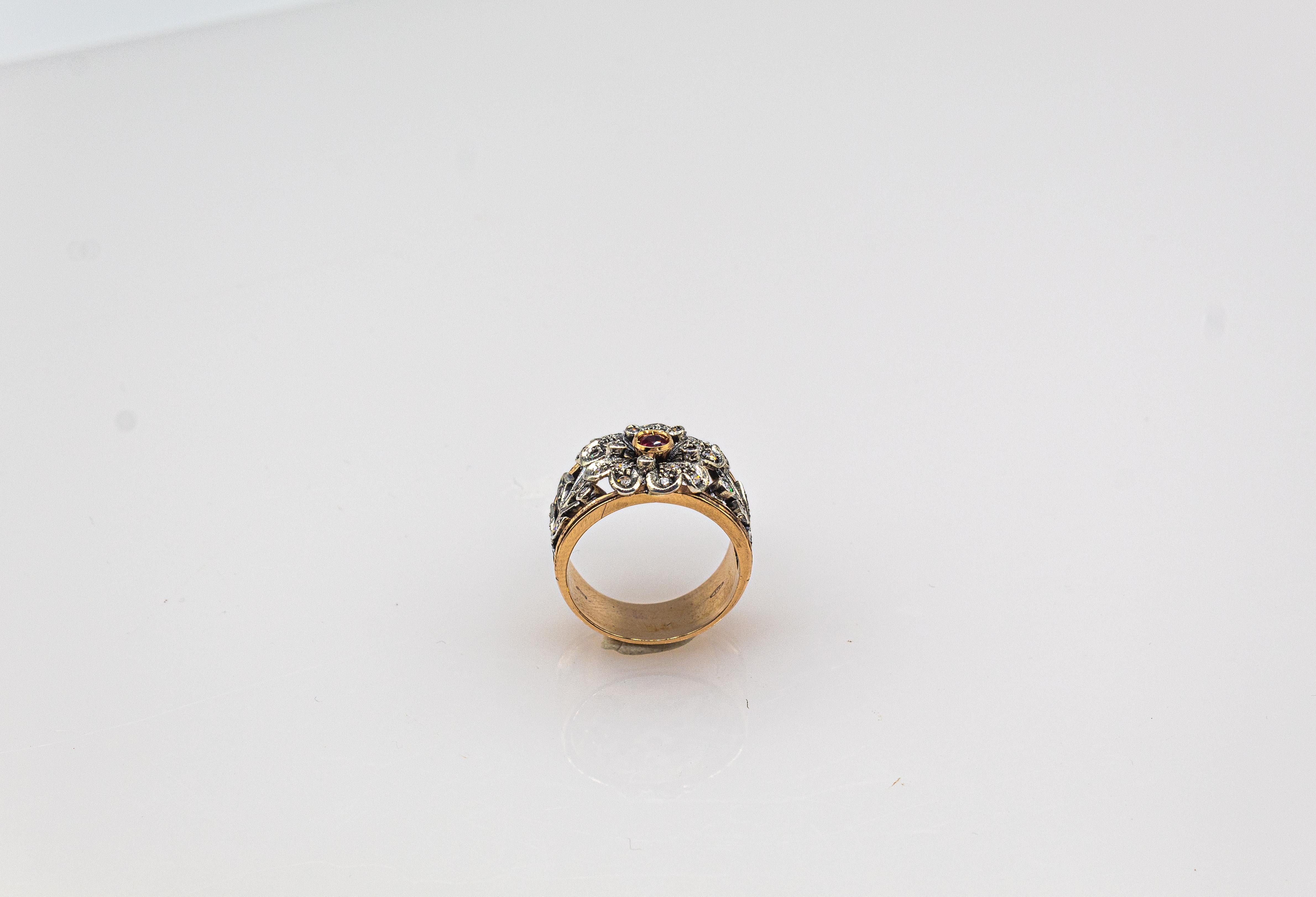 Handgefertigter Ring „Flower“ aus Gelbgold mit weißem Diamanten und Rubin im Art-déco-Stil für Damen oder Herren im Angebot