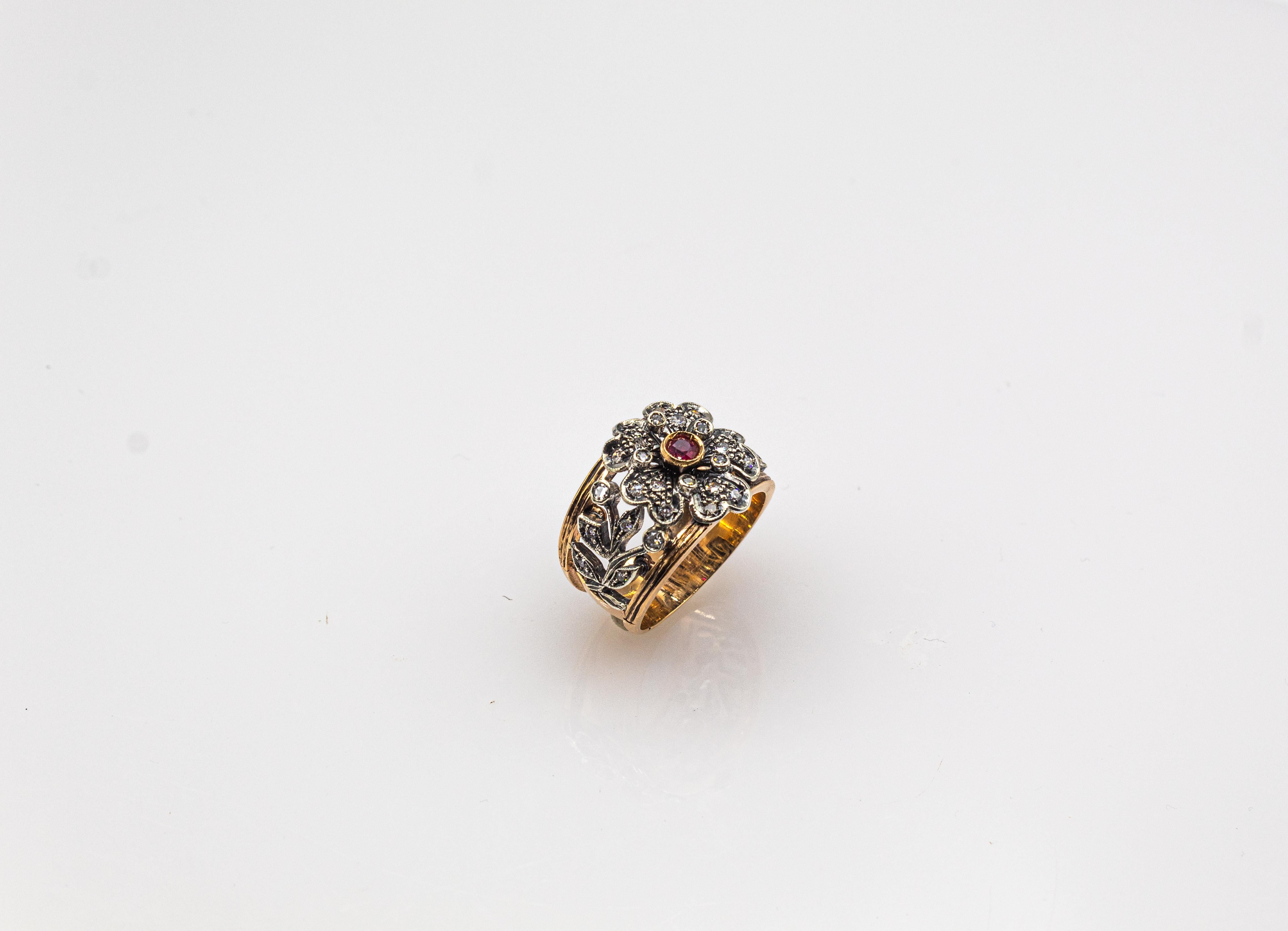 Handgefertigter Ring „Flower“ aus Gelbgold mit weißem Diamanten und Rubin im Art-déco-Stil im Angebot 1