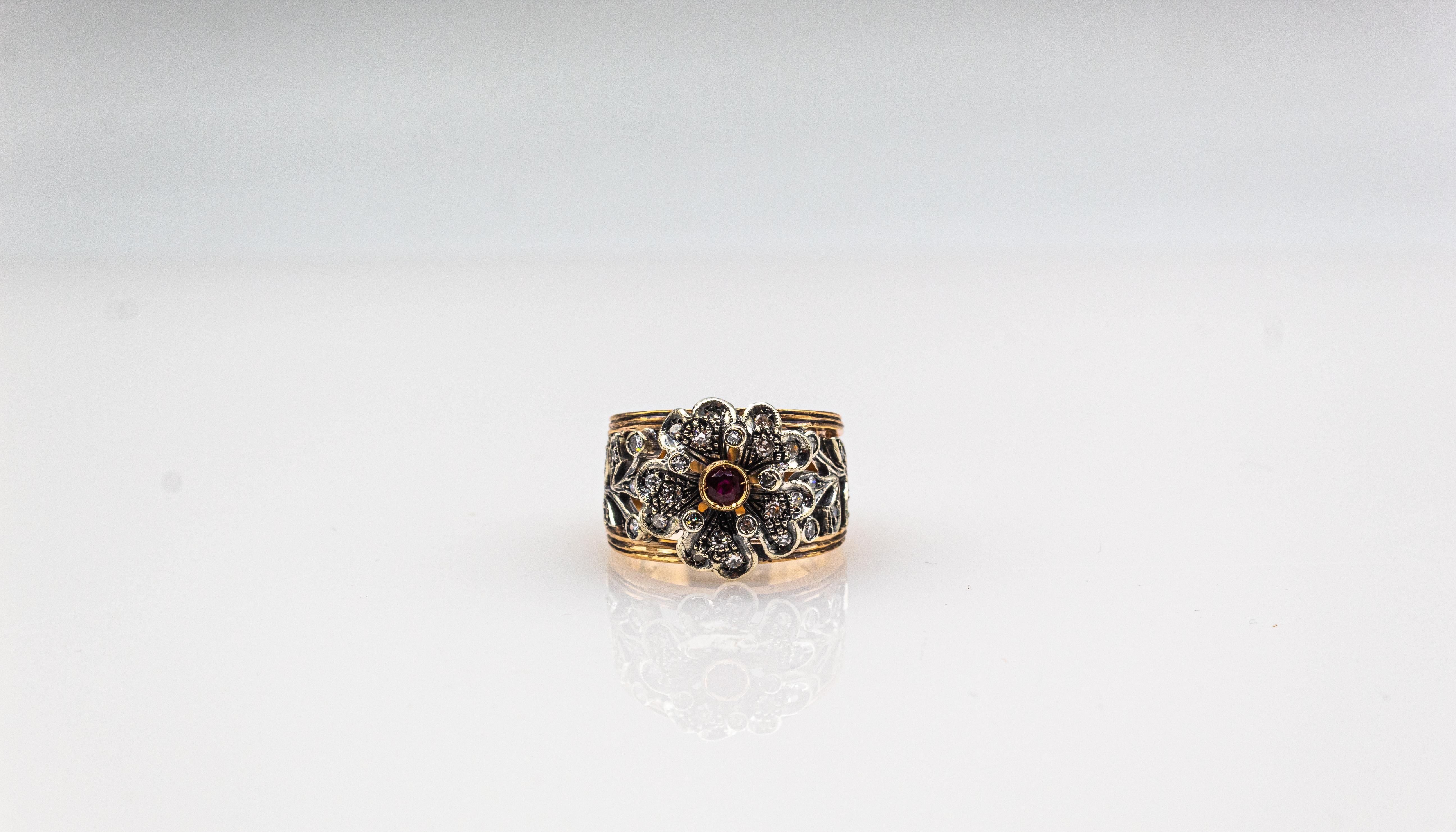 Handgefertigter Ring „Flower“ aus Gelbgold mit weißem Diamanten und Rubin im Art-déco-Stil im Angebot 2