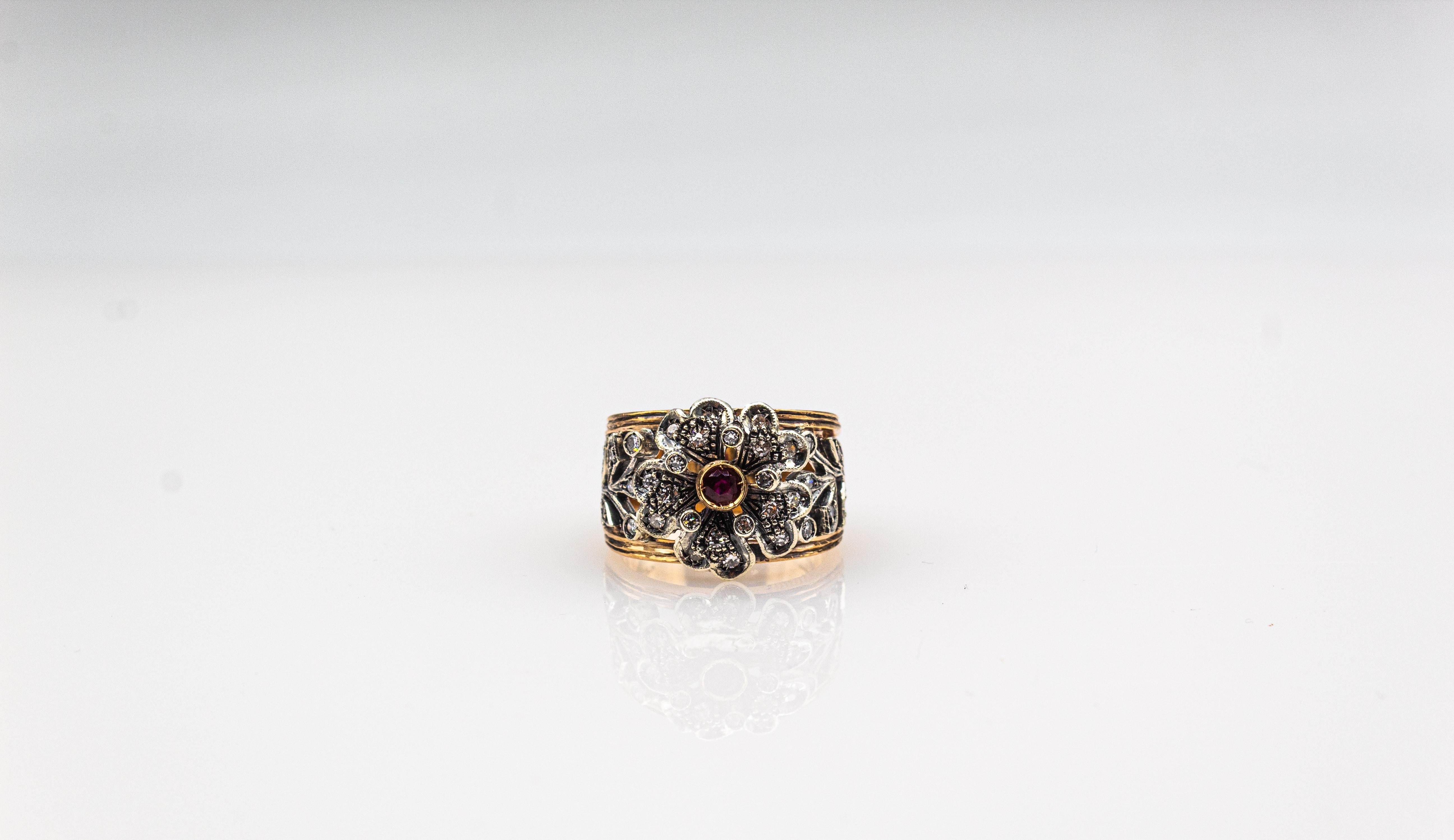 Art Deco Style Handcrafted White Diamond Ruby Yellow Gold Band 