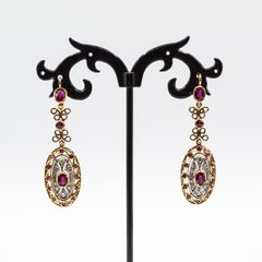 Art Deco Style Handcrafted White Diamond Ruby Yellow Gold Lever-Back Earrings