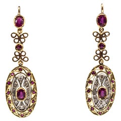Art Deco Style Handcrafted White Diamond Ruby Yellow Gold Lever-Back Earrings