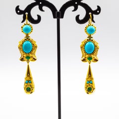 Art Deco Style Handcrafted White Diamond Turquoise Emerald Yellow Gold Earrings