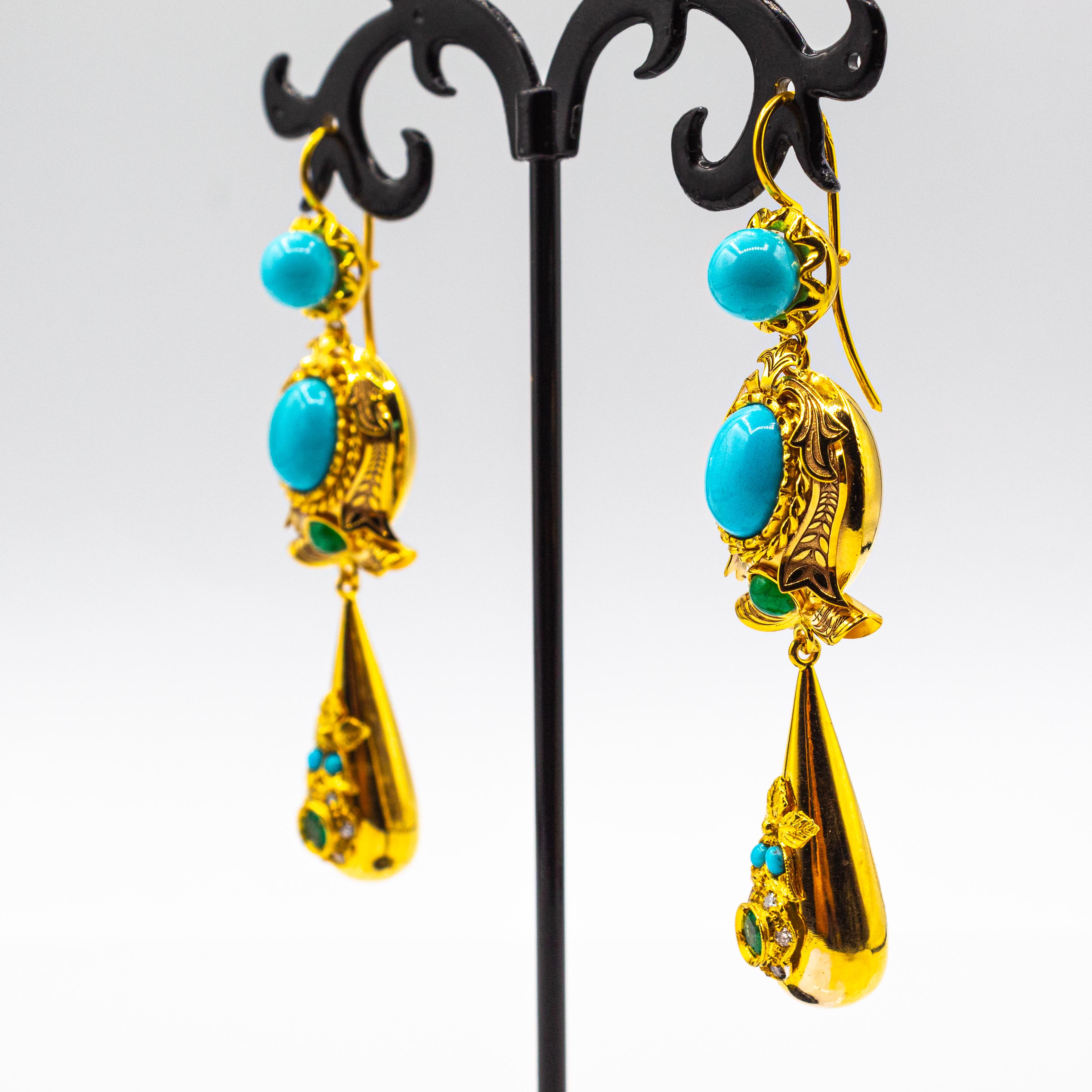Art déco Boucles d'oreilles en or jaune, diamant blanc, turquoise et émeraude, de style Art Déco, faites à la main en vente