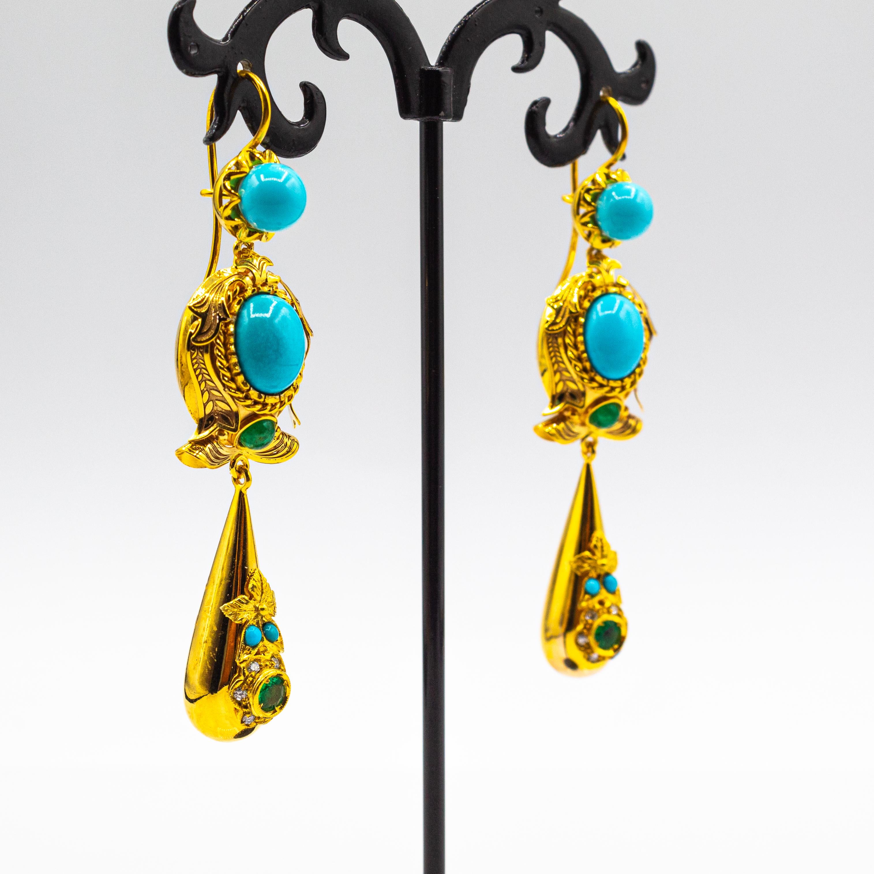 Boucles d'oreilles en or jaune, diamant blanc, turquoise et émeraude, de style Art Déco, faites à la main Neuf - En vente à Naples, IT