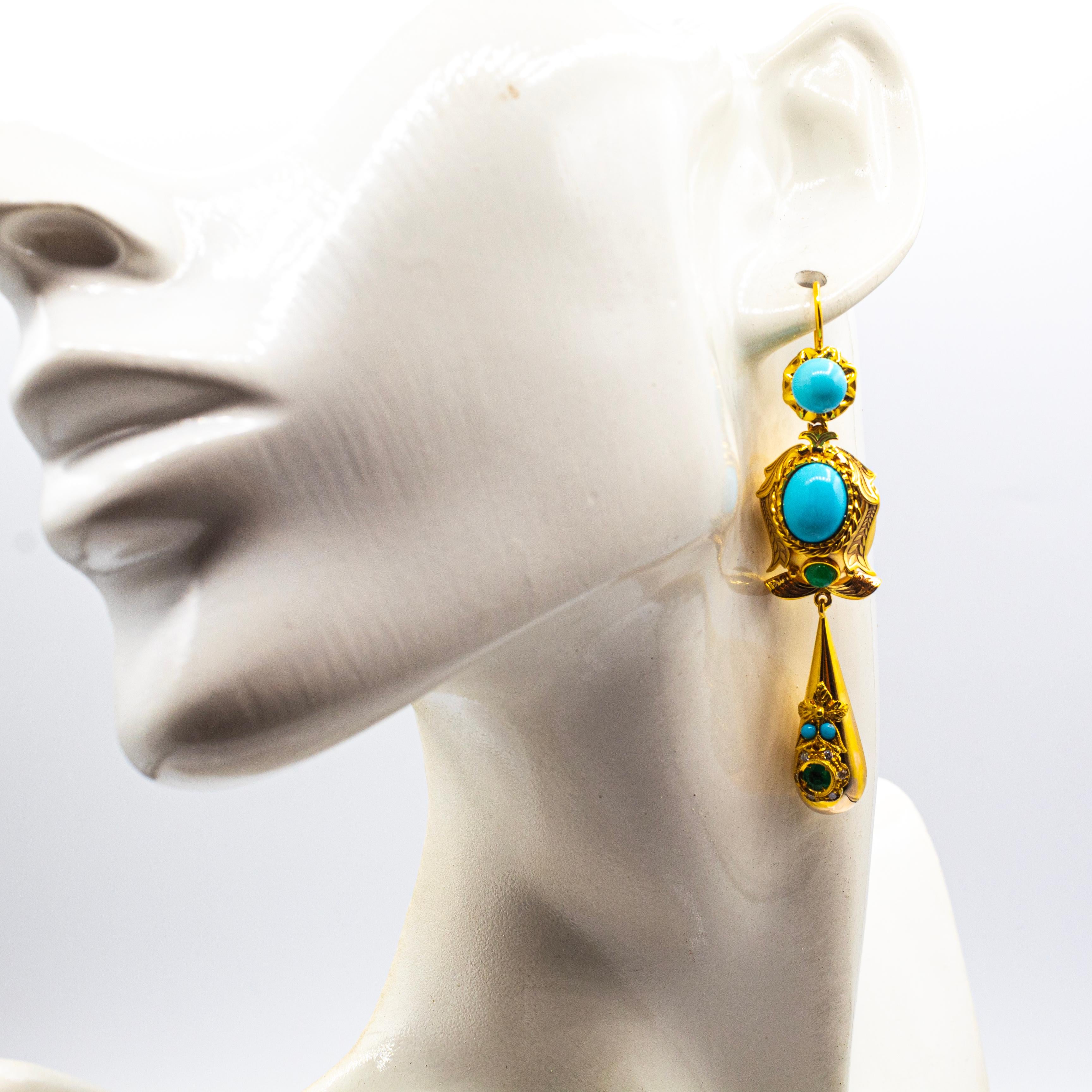Boucles d'oreilles en or jaune, diamant blanc, turquoise et émeraude, de style Art Déco, faites à la main Unisexe en vente
