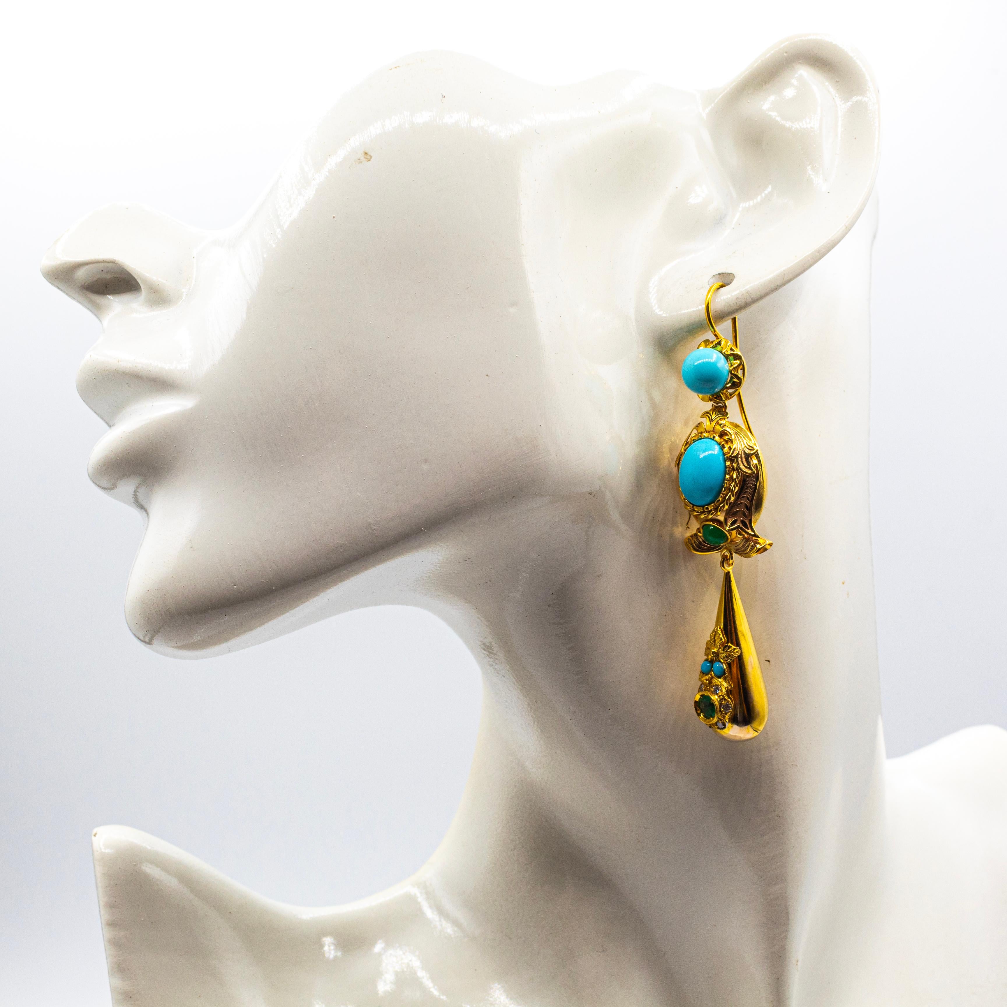 Boucles d'oreilles en or jaune, diamant blanc, turquoise et émeraude, de style Art Déco, faites à la main en vente 1