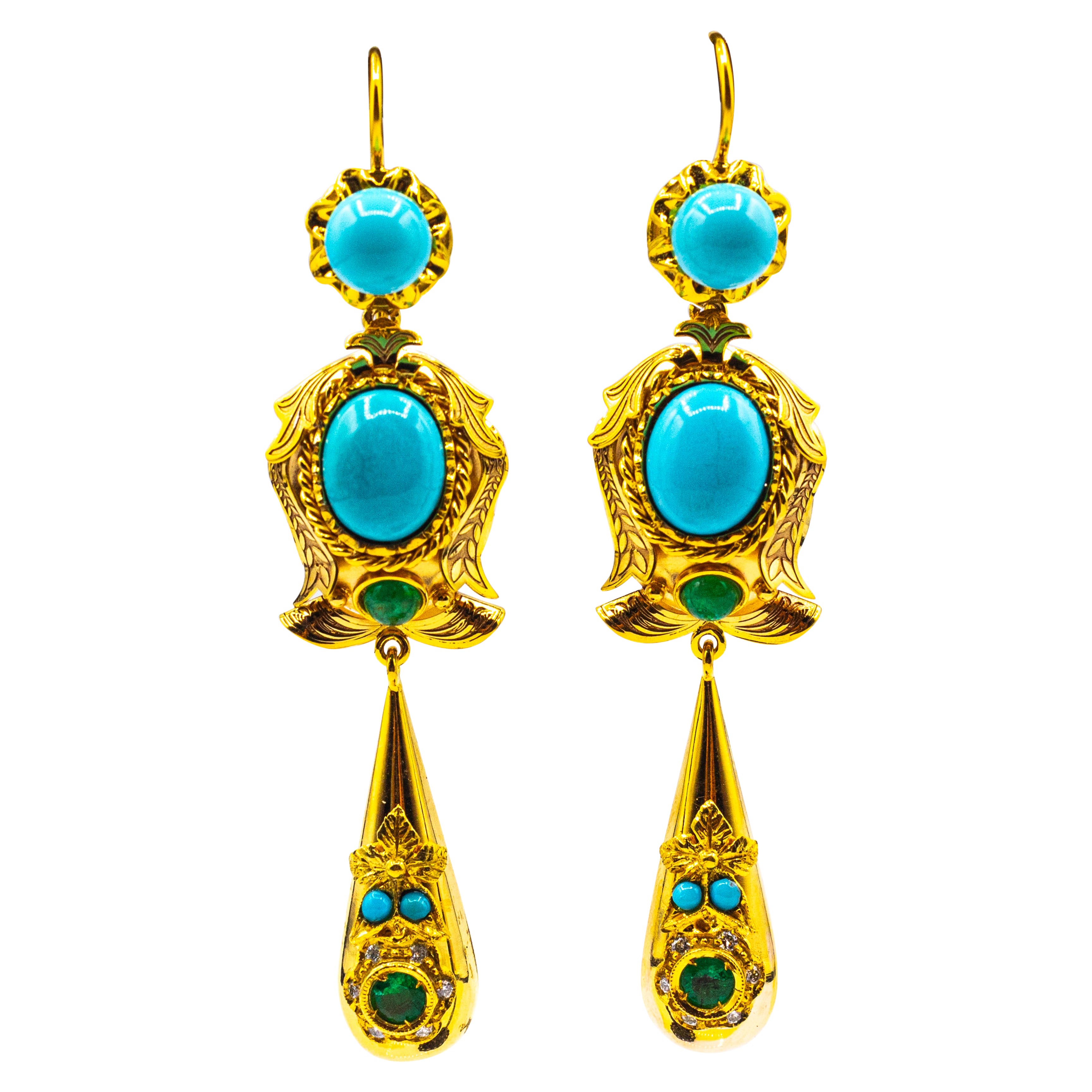 Art Deco Style Handcrafted White Diamond Turquoise Emerald Yellow Gold Earrings