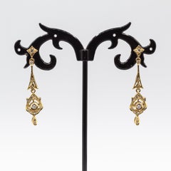 Art Deco Style Handcrafted White Diamond Yellow Gold Stud Drop Earrings